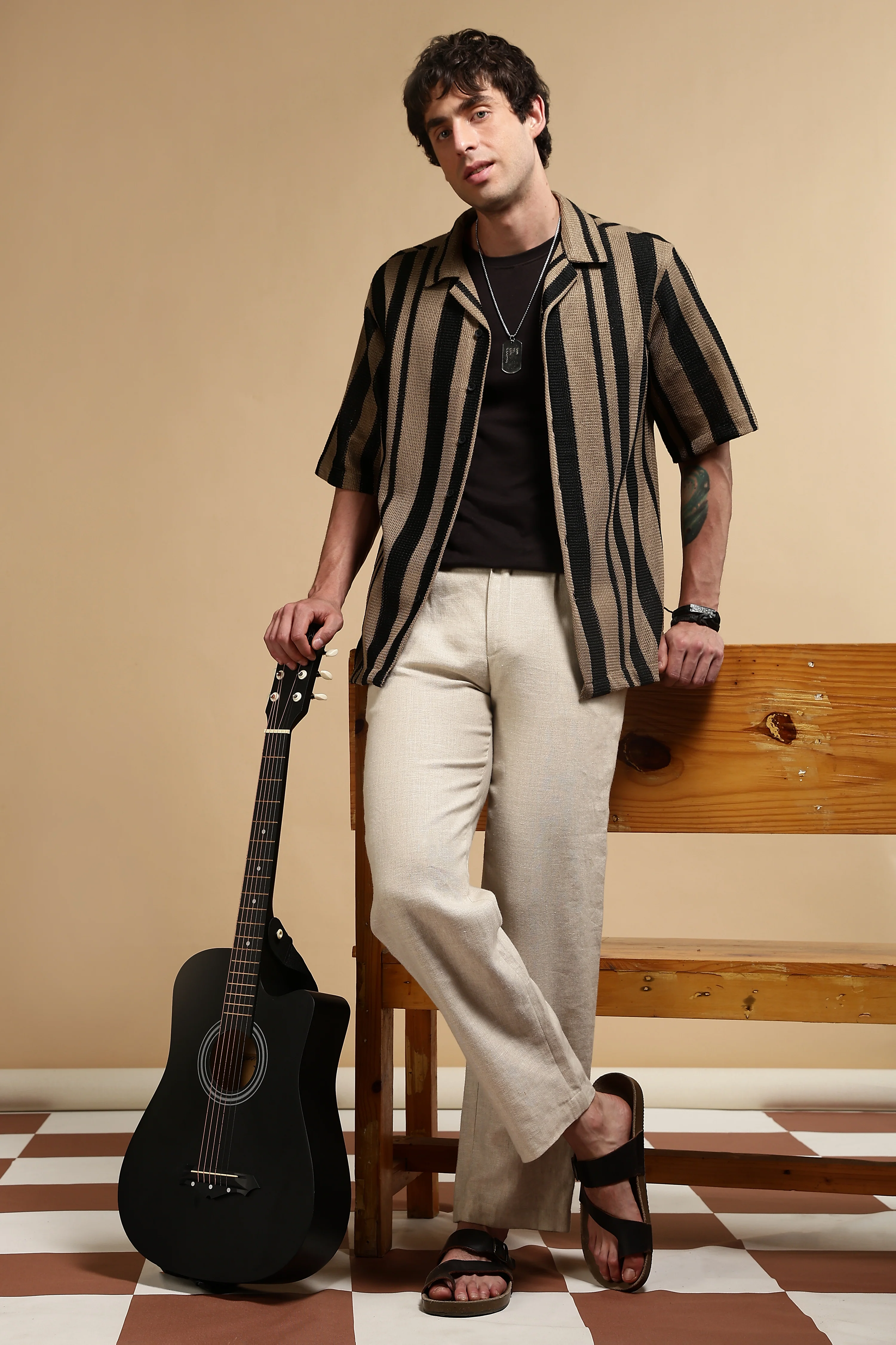 Men Khaki Relaxed Fit Striped Shirt - Image 9