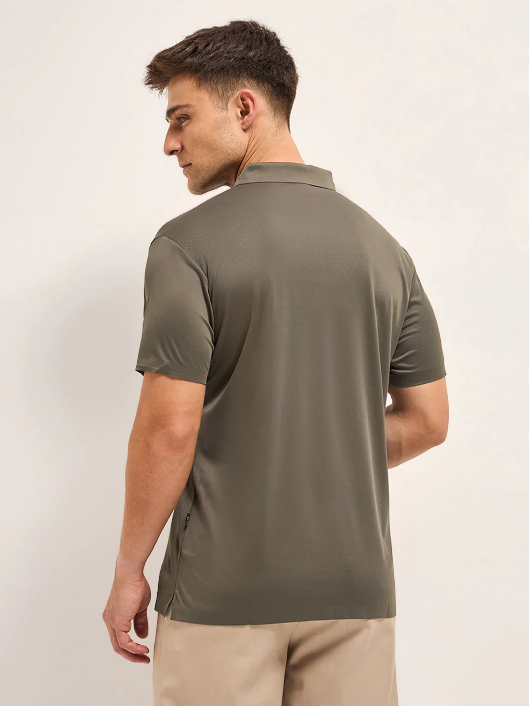 Men Khaki Self Design Slim Fit Classic Polo T-shirt - Image 2