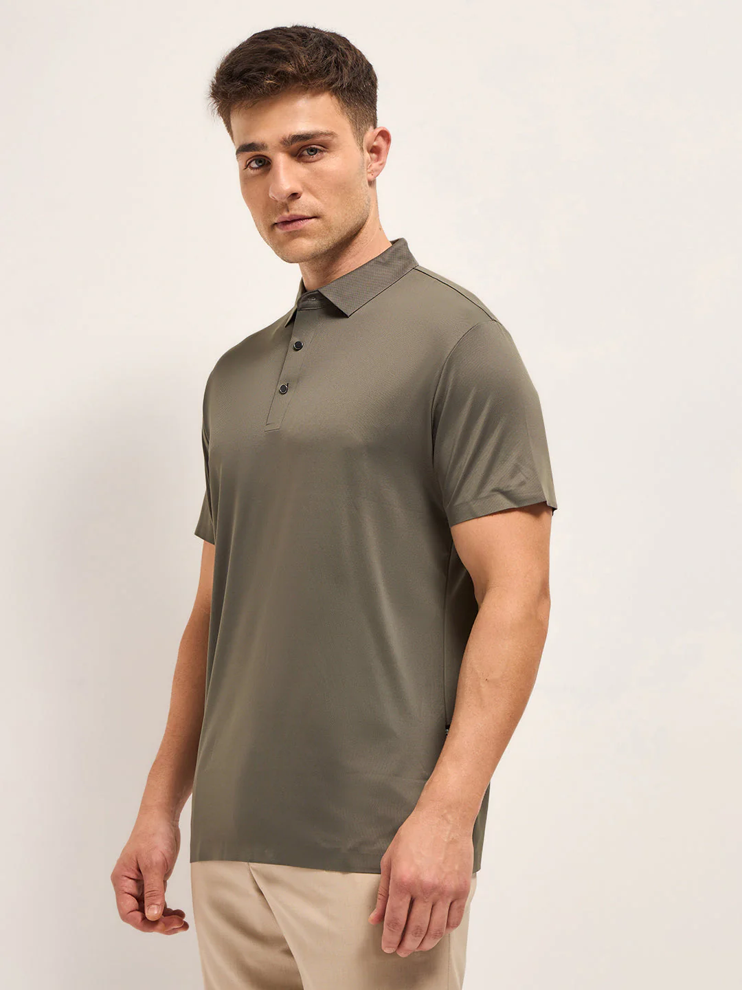Men Khaki Self Design Slim Fit Classic Polo T-shirt - Image 3