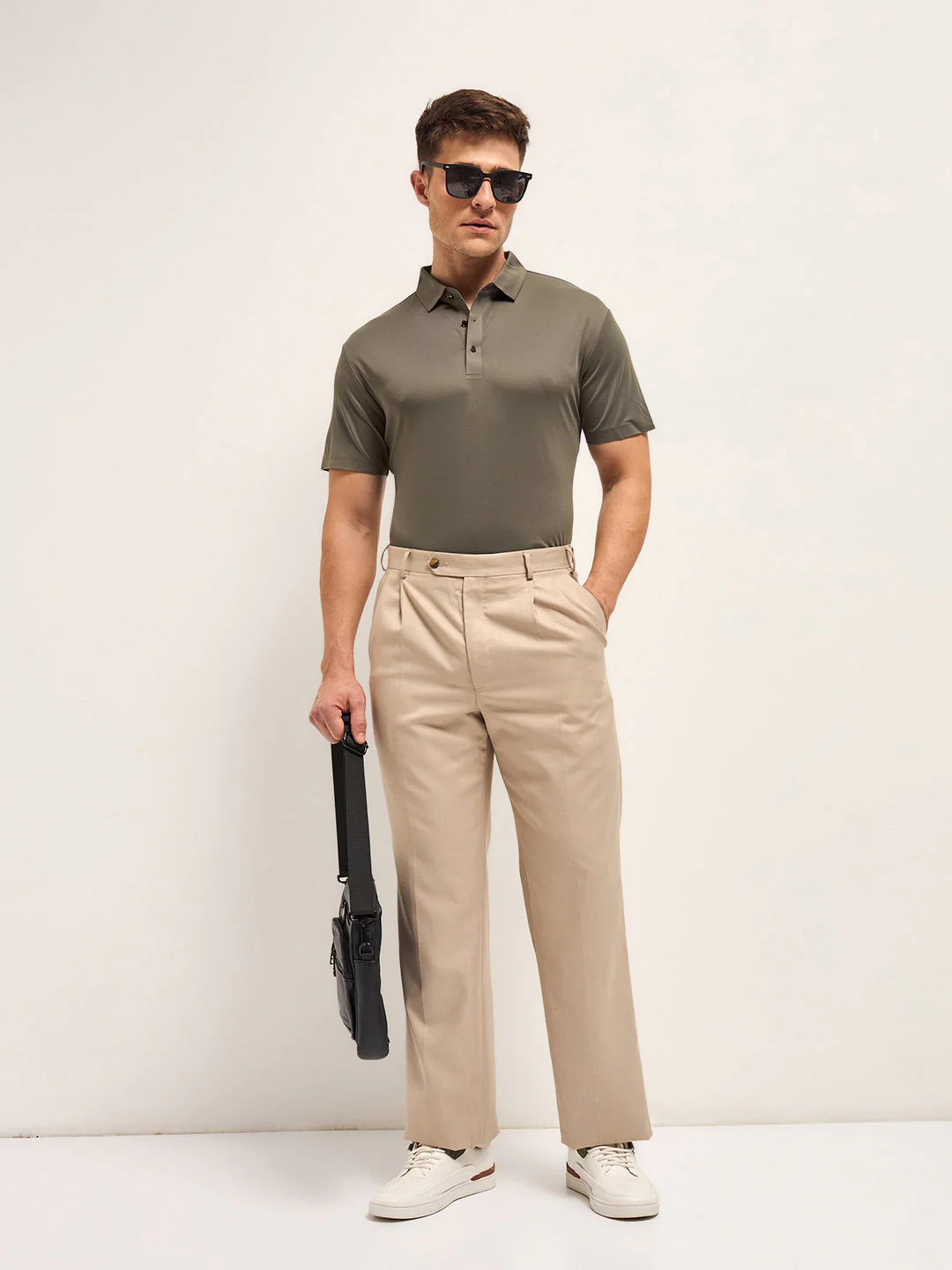 Men Khaki Self Design Slim Fit Classic Polo T-shirt - Image 4