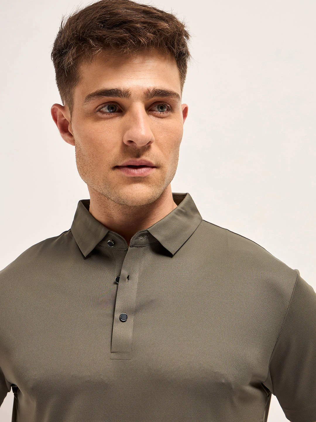 Men Khaki Self Design Slim Fit Classic Polo T-shirt - Image 5