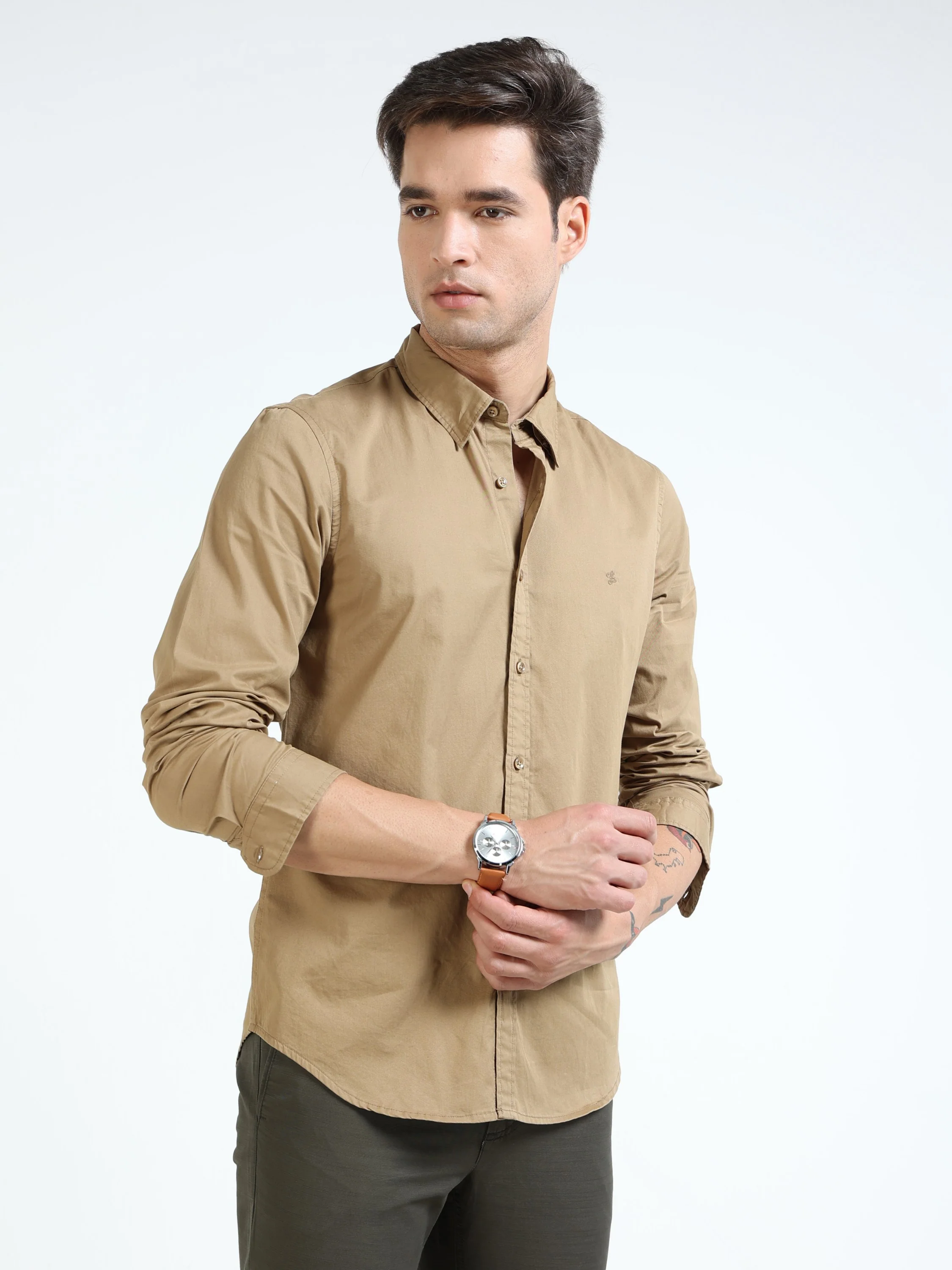 Men Khaki Slim Fit Shirt - Image 2
