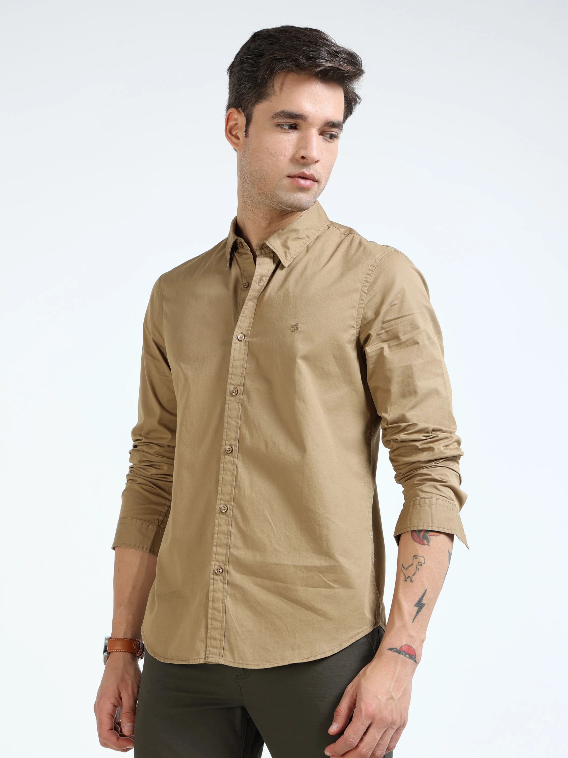Men Khaki Slim Fit Shirt - Image 6