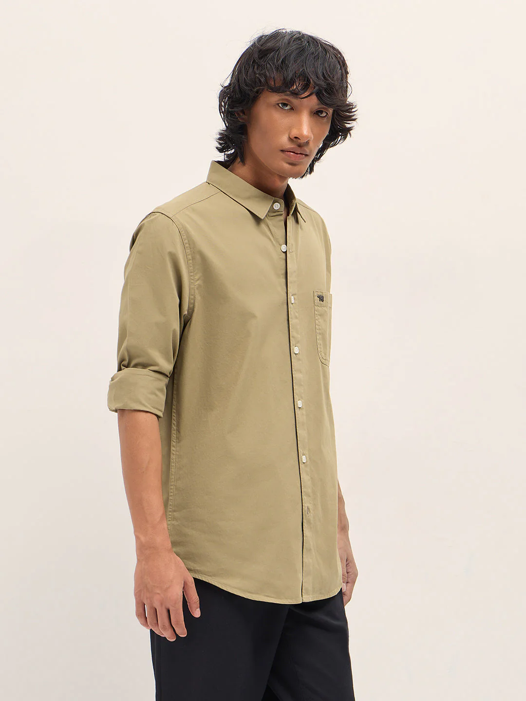 Men Khaki Slim Fit Solid Cotton Casual Shirt - Image 3