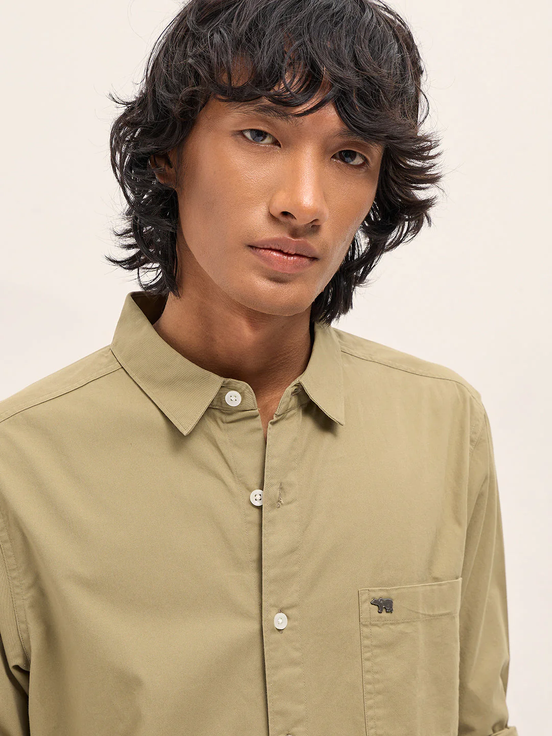 Men Khaki Slim Fit Solid Cotton Casual Shirt - Image 5