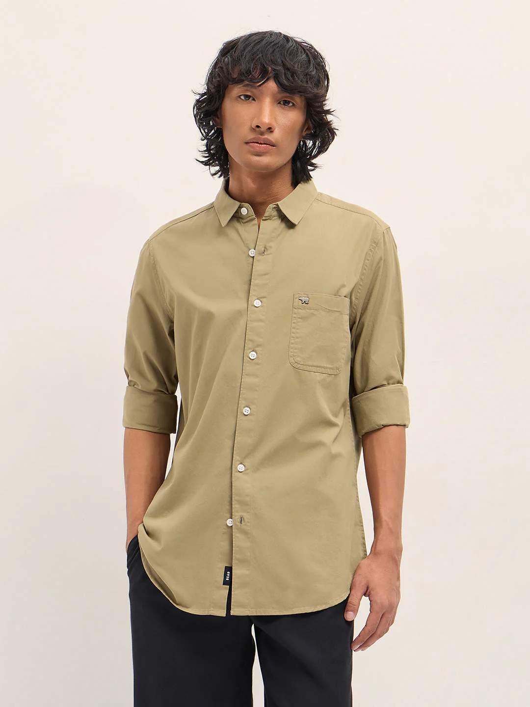 Men Khaki Slim Fit Solid Cotton Casual Shirt - Image 6