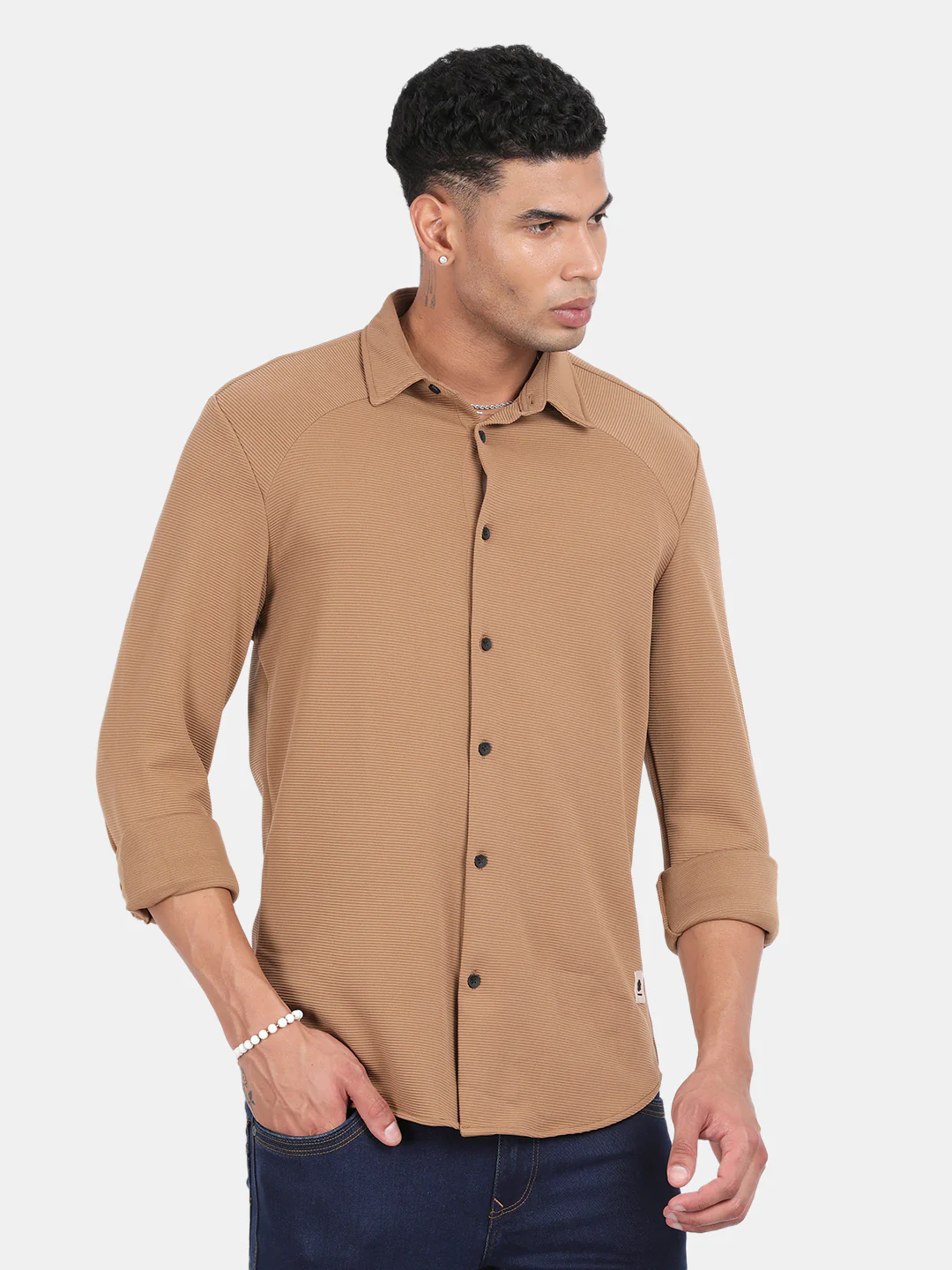 Men Khaki Slim Fit Spread Collar Full Sleeve Casual Shirt - Image 2