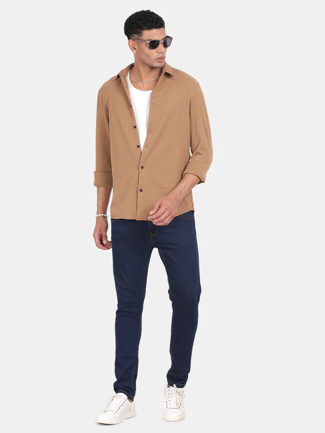 Men Khaki Slim Fit Spread Collar Full Sleeve Casual Shirt - Image 3