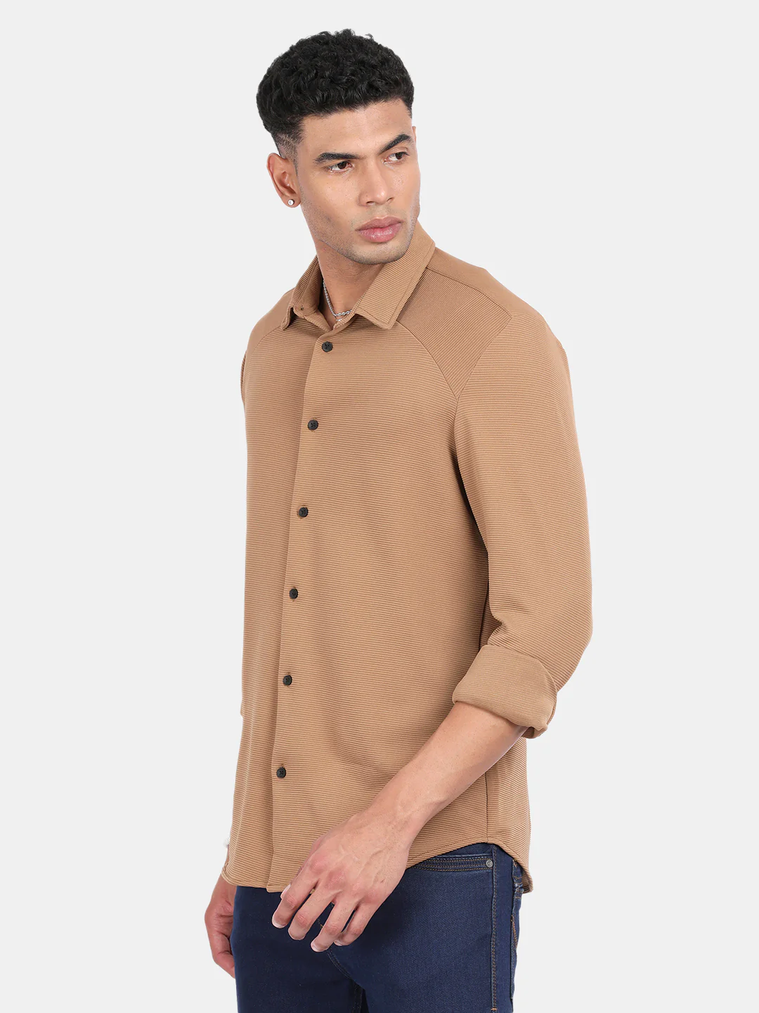 Men Khaki Slim Fit Spread Collar Full Sleeve Casual Shirt - Image 5