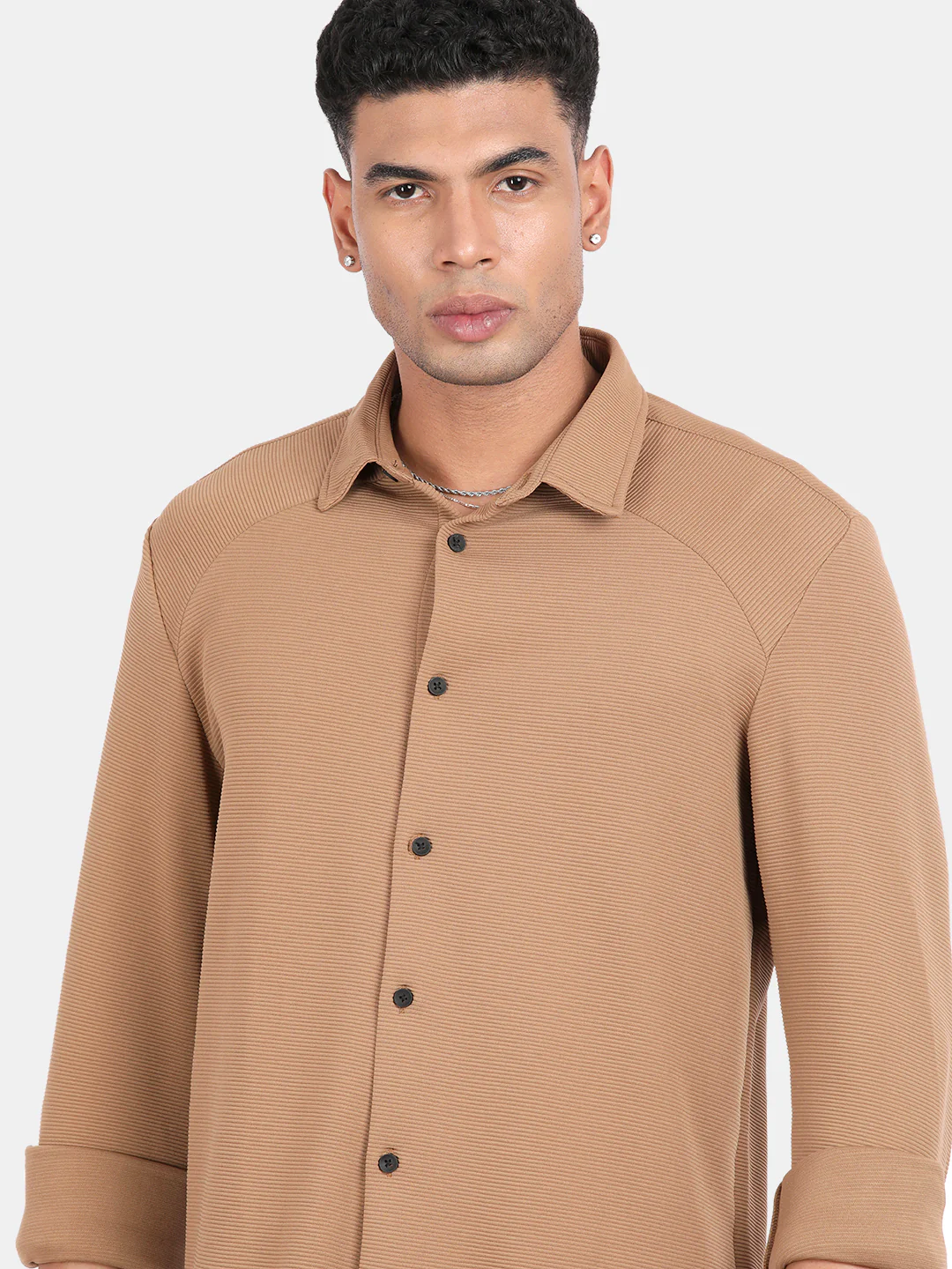 Men Khaki Slim Fit Spread Collar Full Sleeve Casual Shirt - Image 6