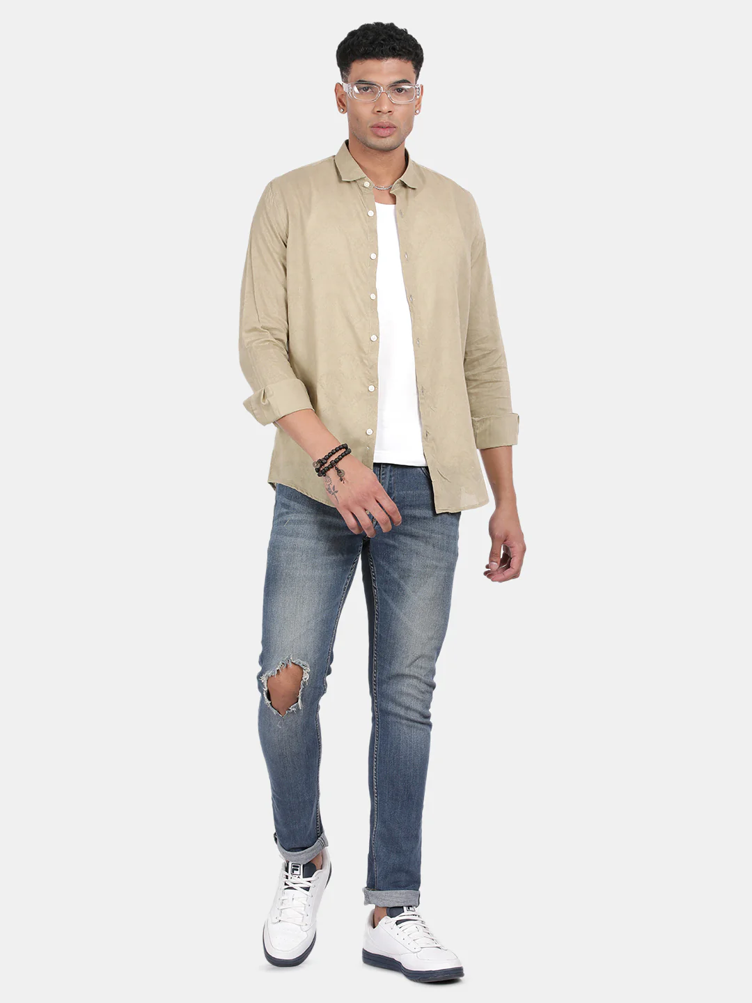 Men Khaki Slim Fit Spread Collar Full Sleeve Casual Shirt - Image 2