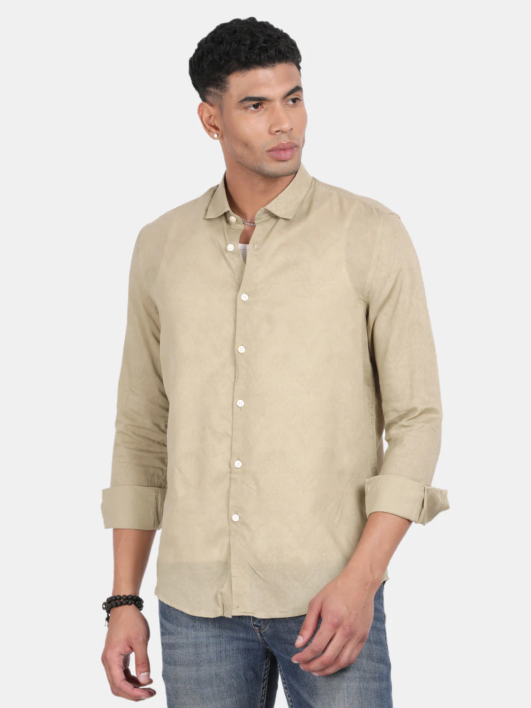 Men Khaki Slim Fit Spread Collar Full Sleeve Casual Shirt - Image 4