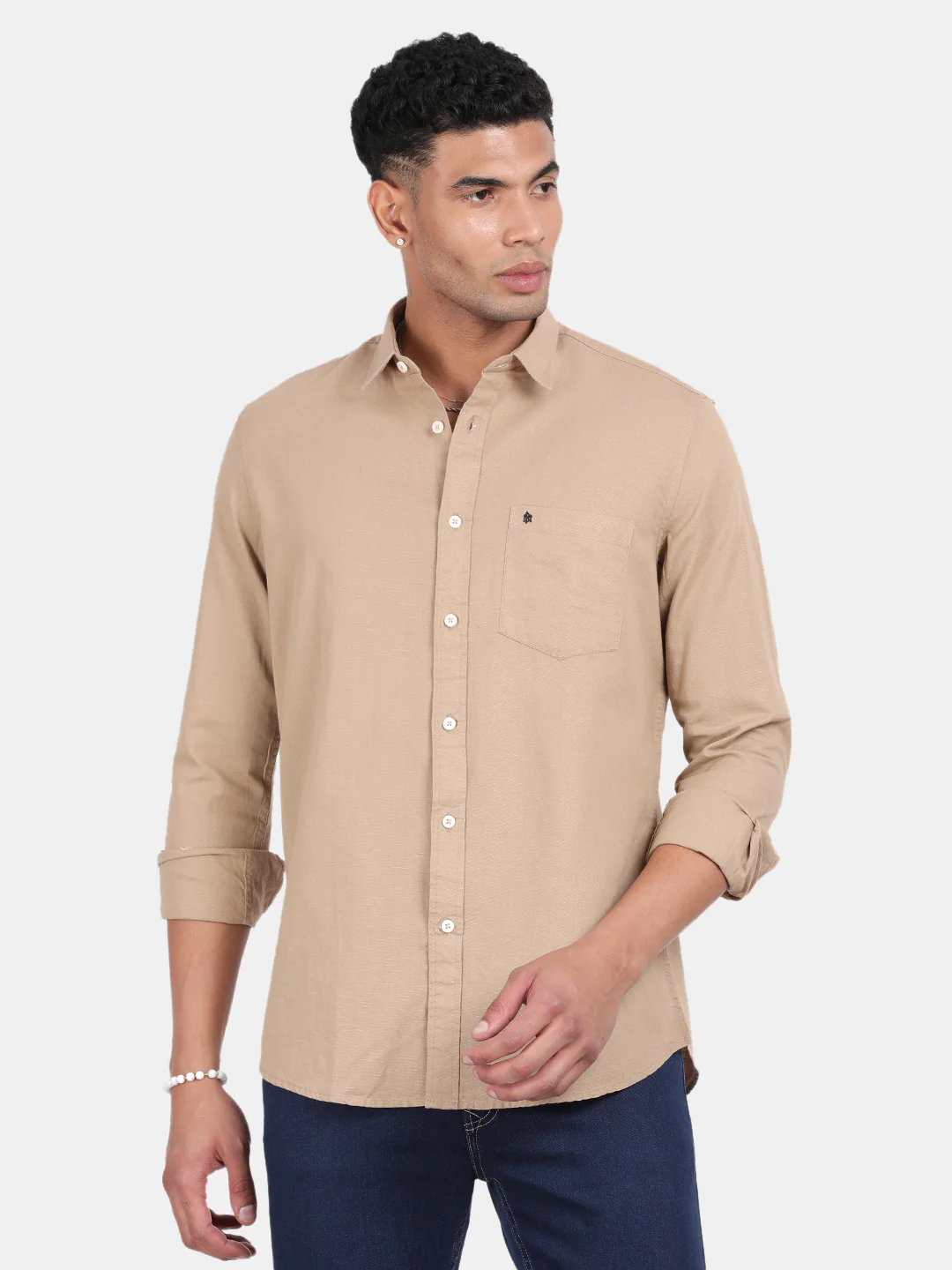 Men Khaki Slim Fit Spread Collar Full Sleeve Casual Shirt - Image 4