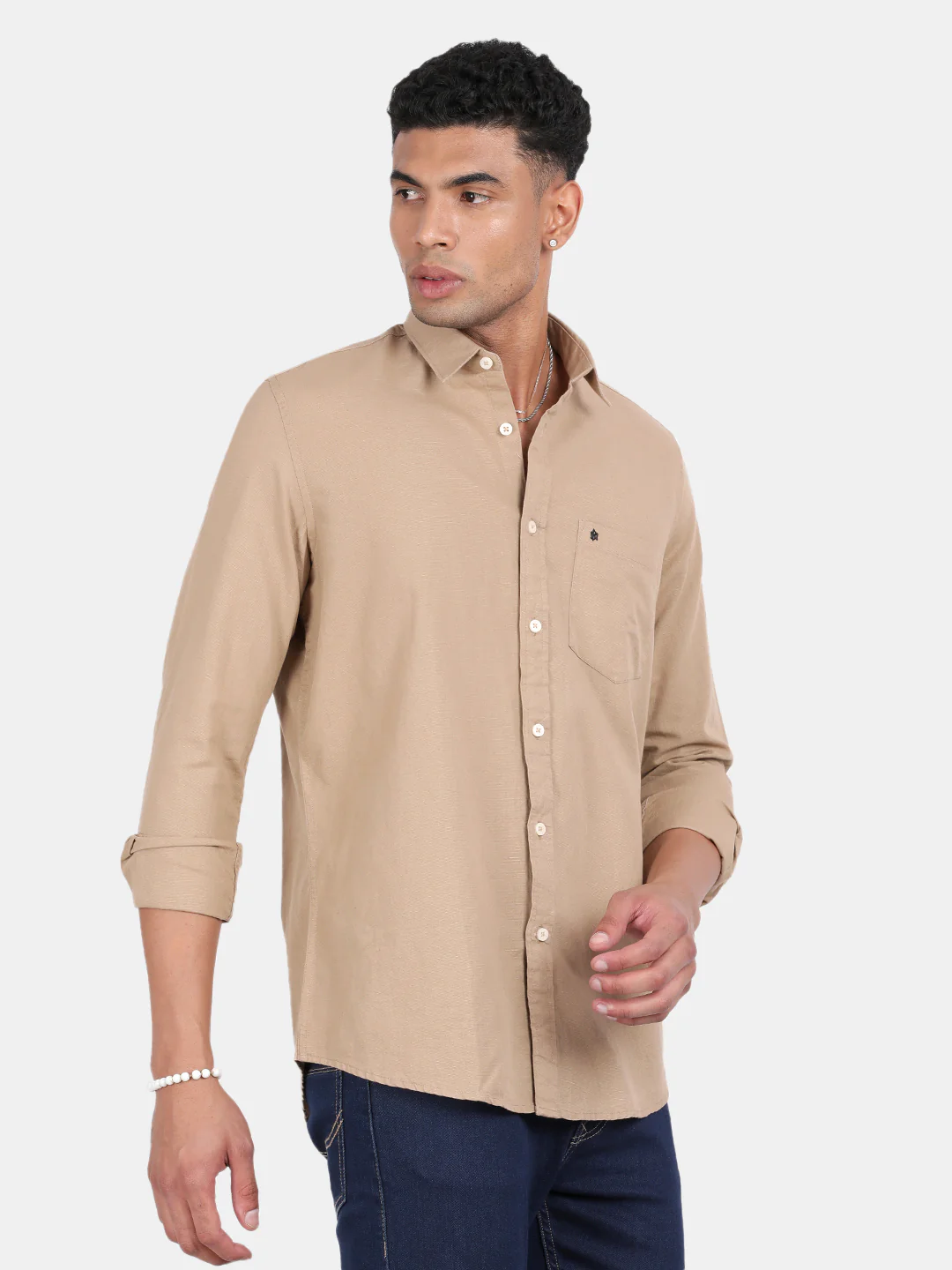 Men Khaki Slim Fit Spread Collar Full Sleeve Casual Shirt - Image 5