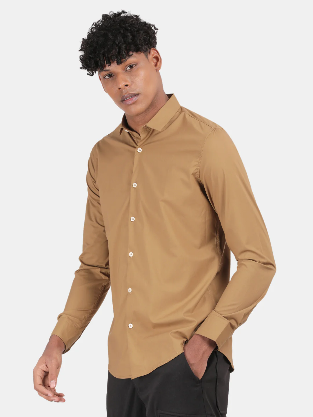 Men khaki Slim Fit Spread Collar Full Sleeve Casual Shirt - Image 4