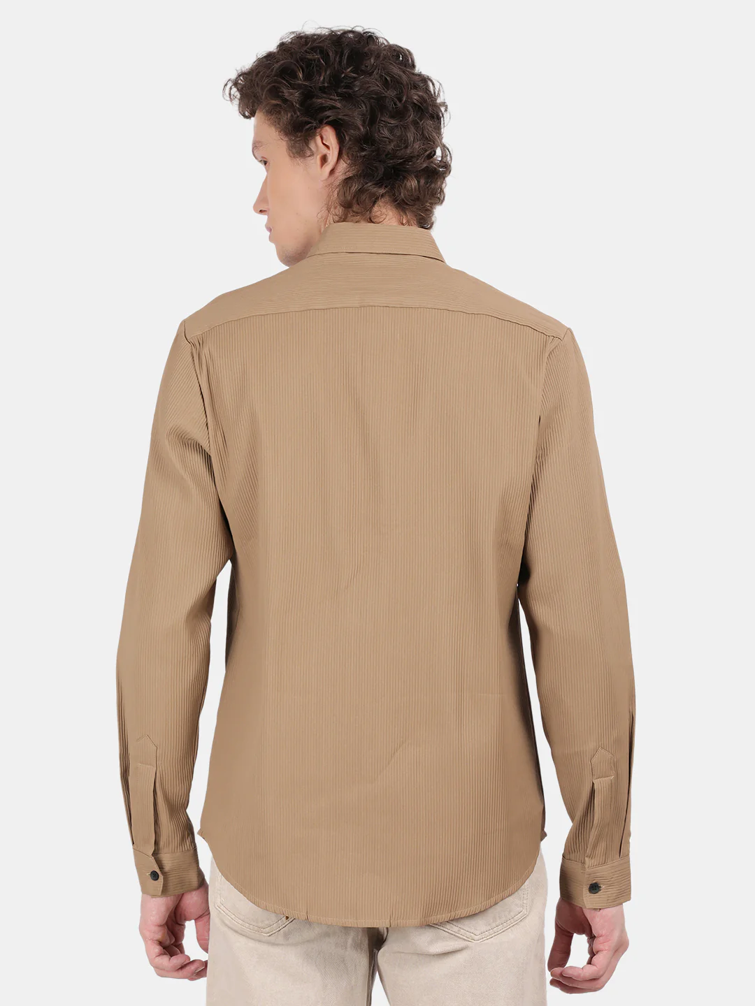 Men Khaki Slim Fit Spread Collar Full Sleeve Casual Shirt - Image 3