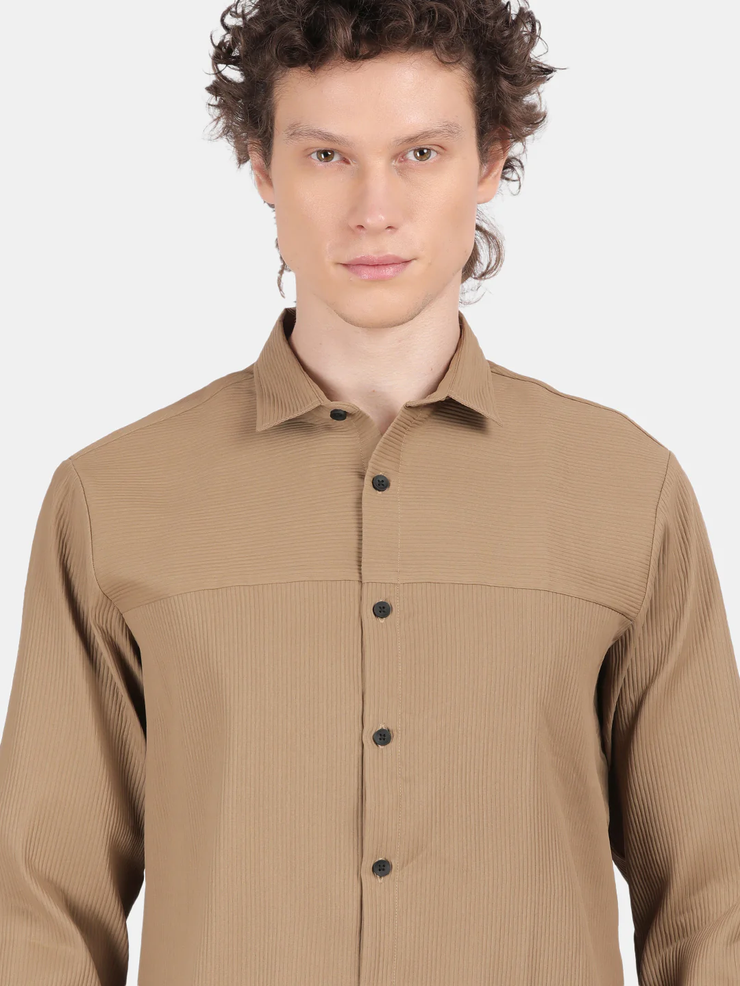 Men Khaki Slim Fit Spread Collar Full Sleeve Casual Shirt - Image 4