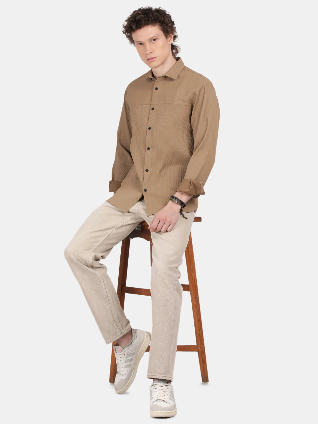 Men Khaki Slim Fit Spread Collar Full Sleeve Casual Shirt - Image 5