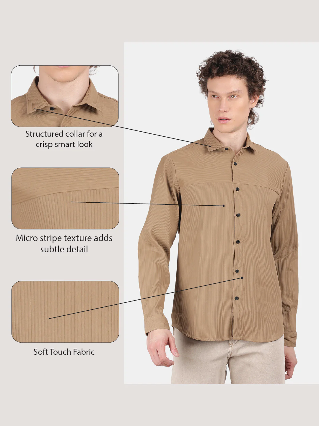 Men Khaki Slim Fit Spread Collar Full Sleeve Casual Shirt - Image 6