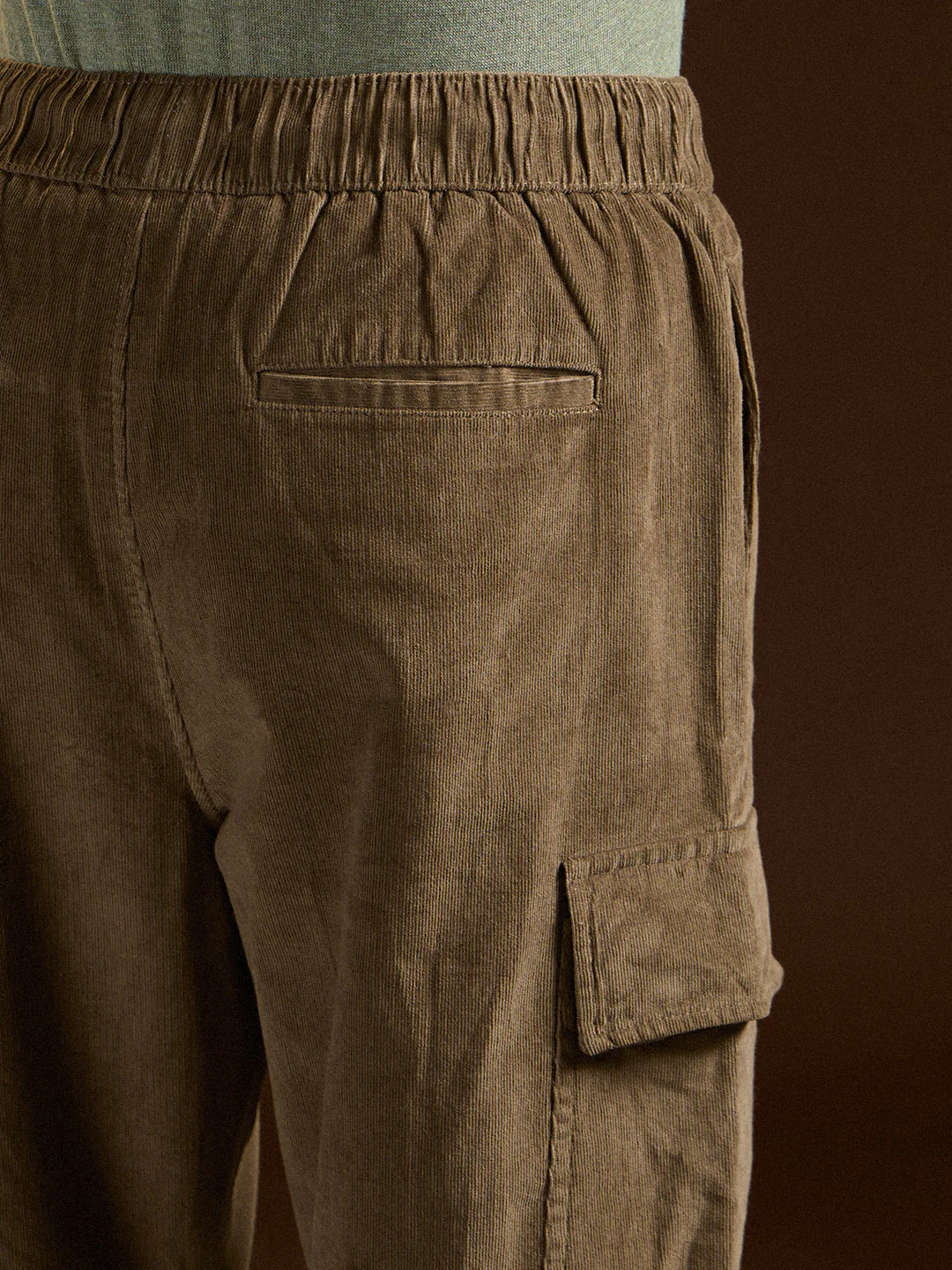 Men Khaki Solid Baggy Fit Stylish Corduroy Cargo Pant - Image 6