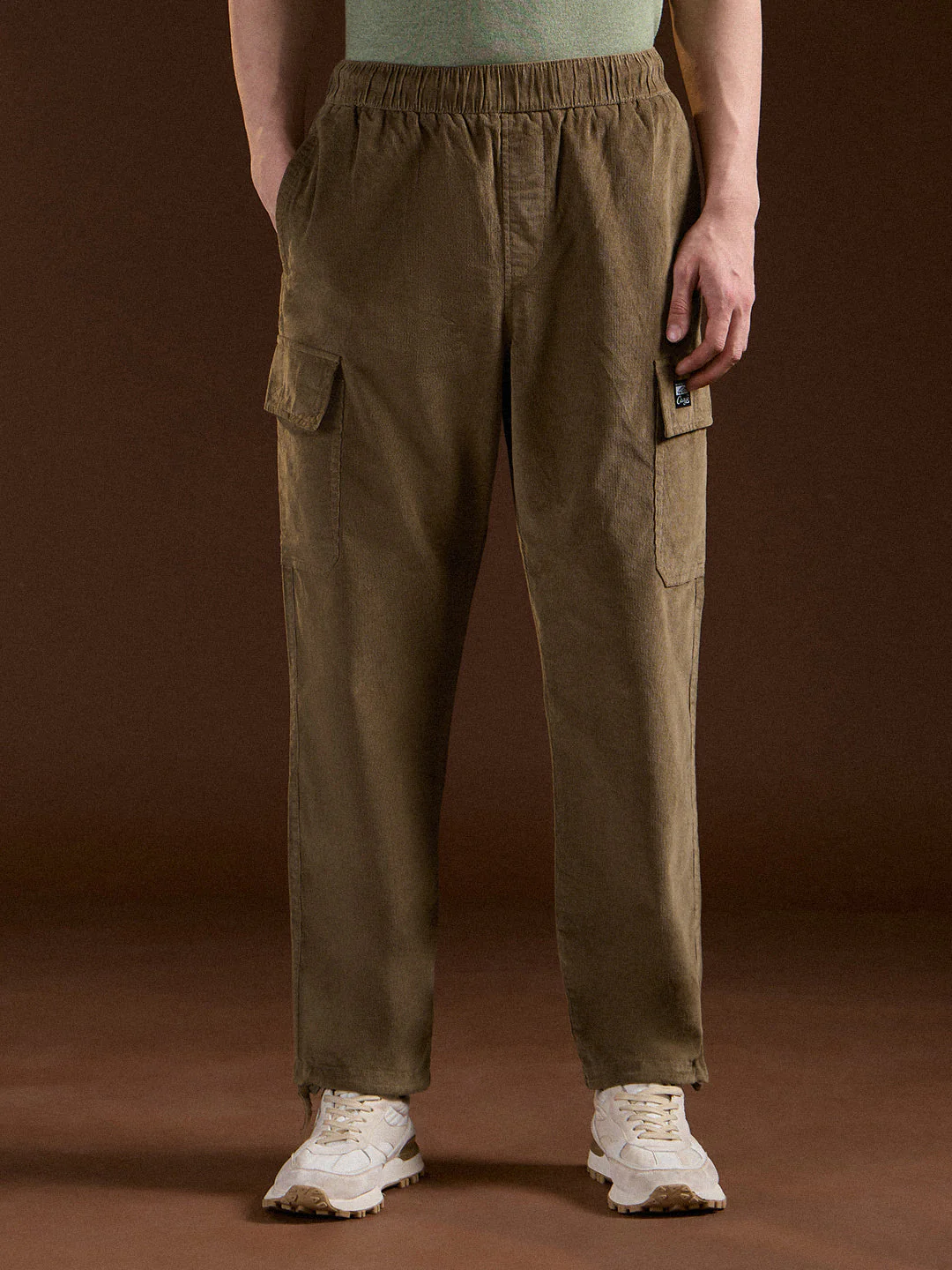Men Khaki Solid Baggy Fit Stylish Corduroy Cargo Pant - Image 7
