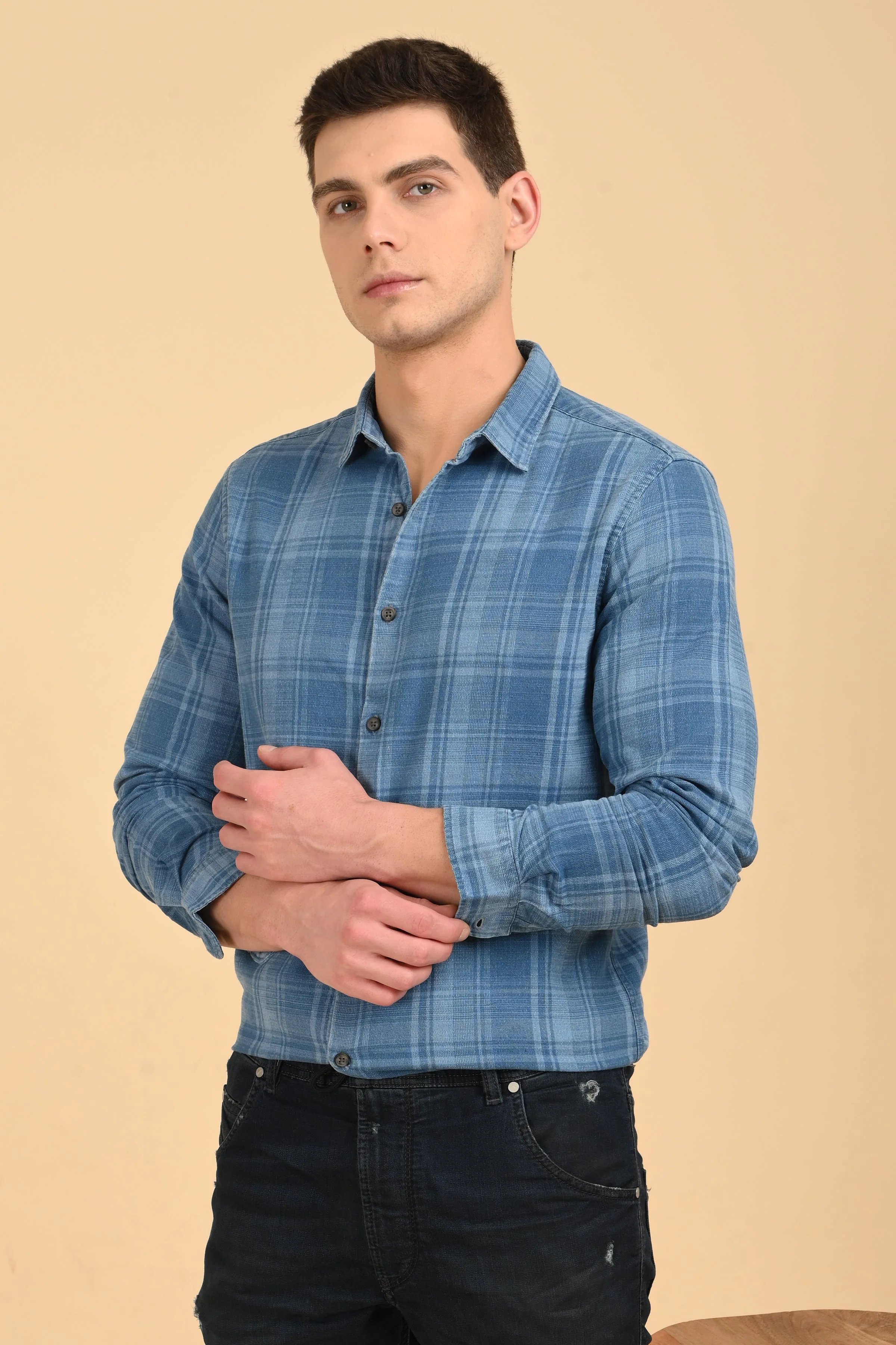 Men Kit Indigo Check Shirt Blue - Image 4