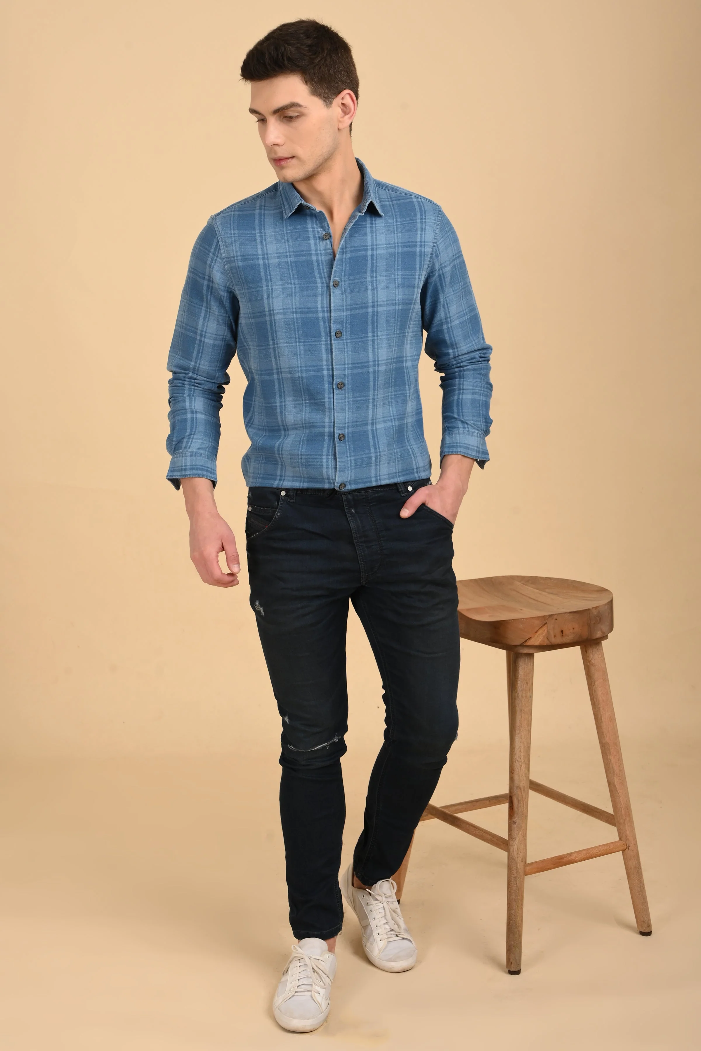 Men Kit Indigo Check Shirt Blue - Image 5
