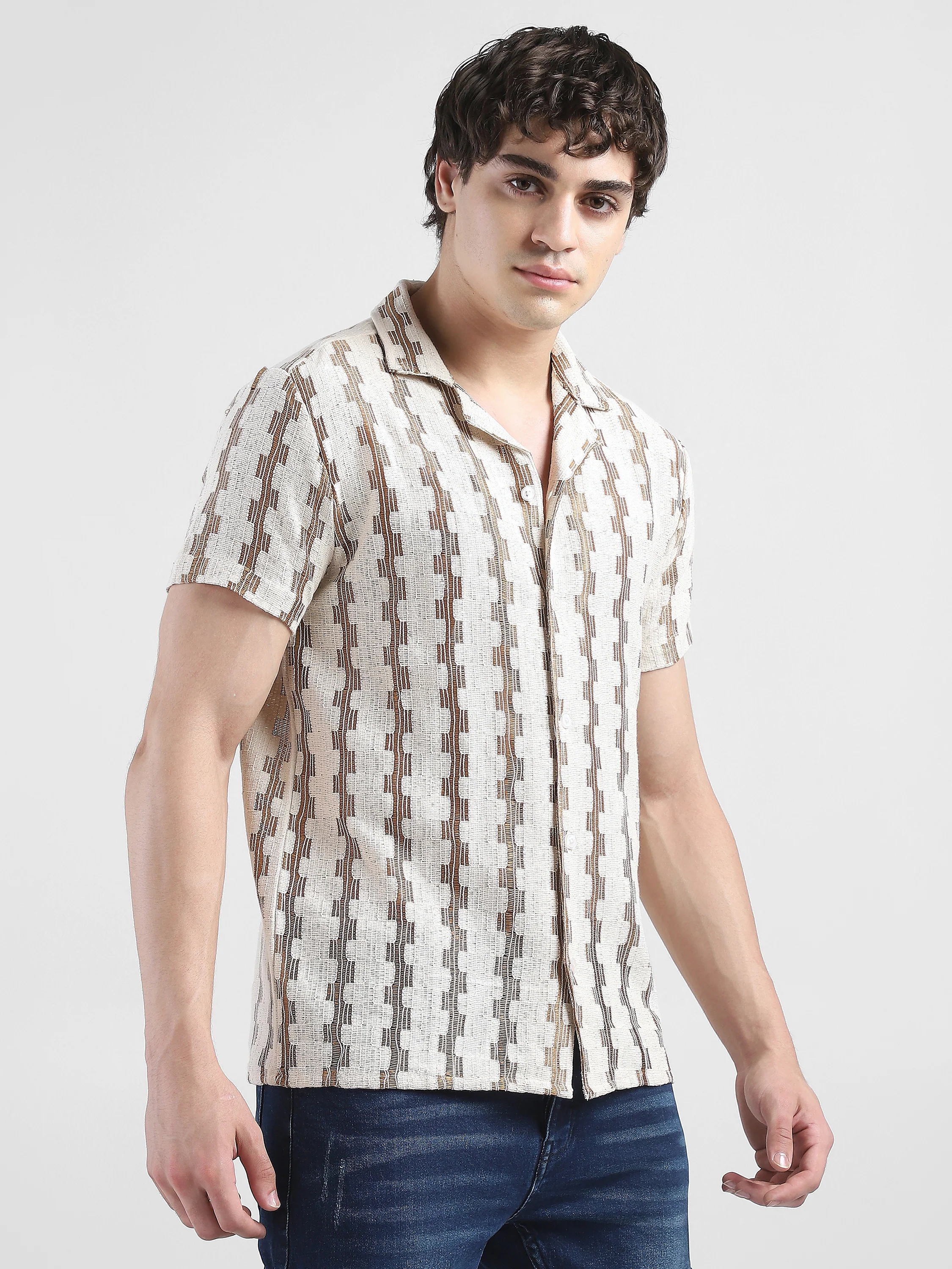 Men Lace See through Brown Casual Shirt - Image 3