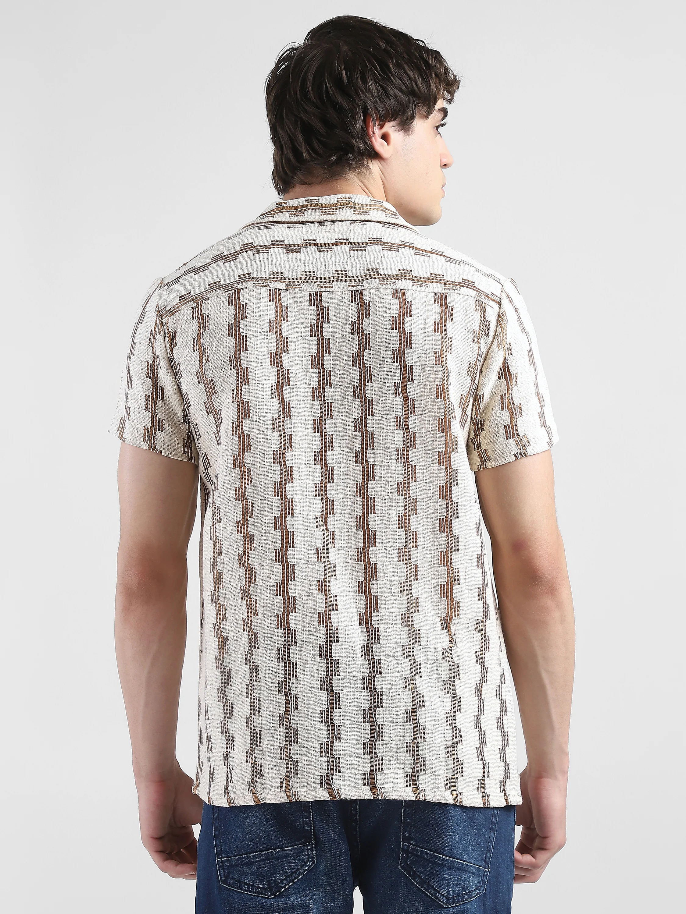 Men Lace See through Brown Casual Shirt - Image 4
