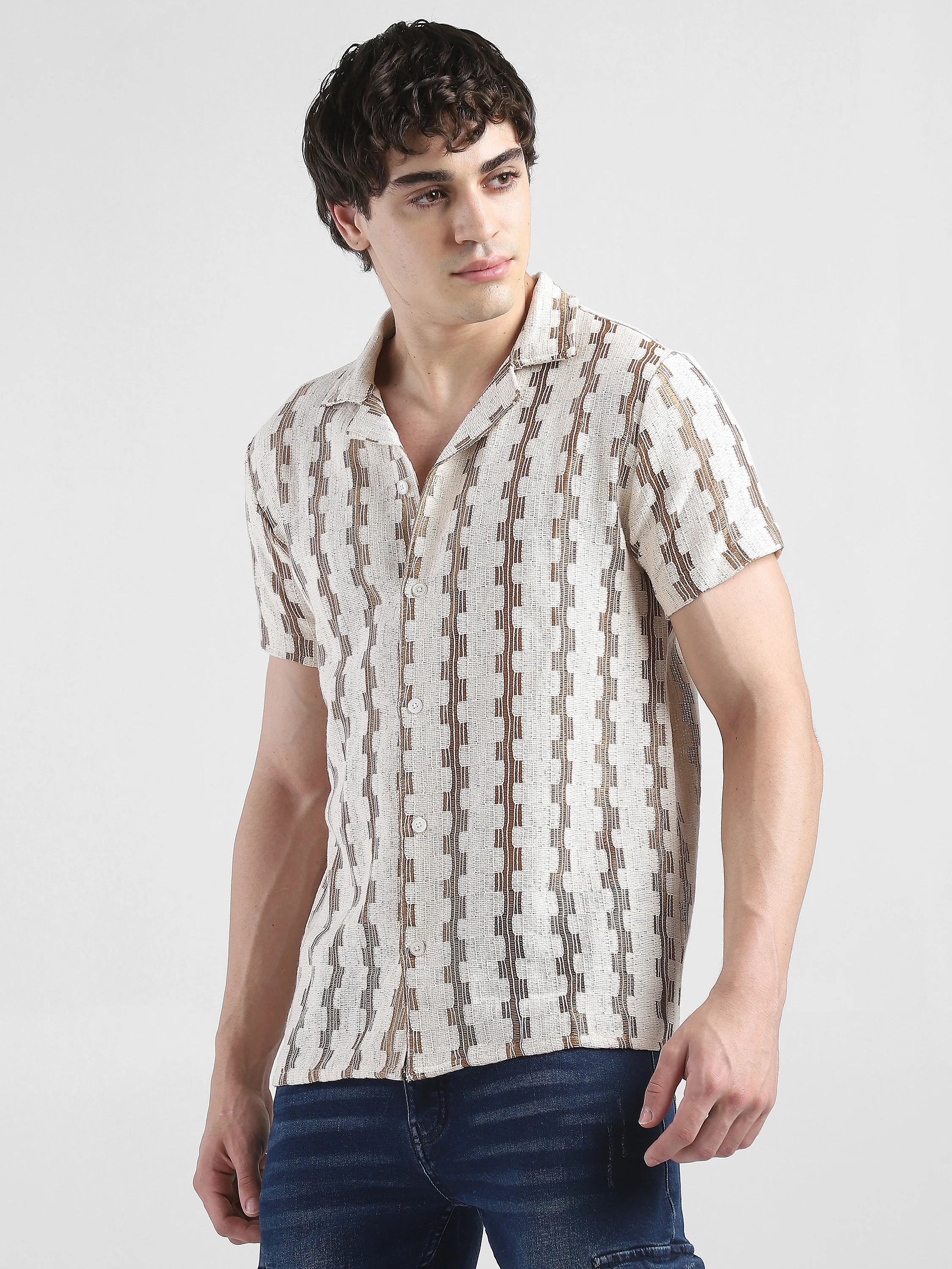 Men Lace See through Brown Casual Shirt - Image 5