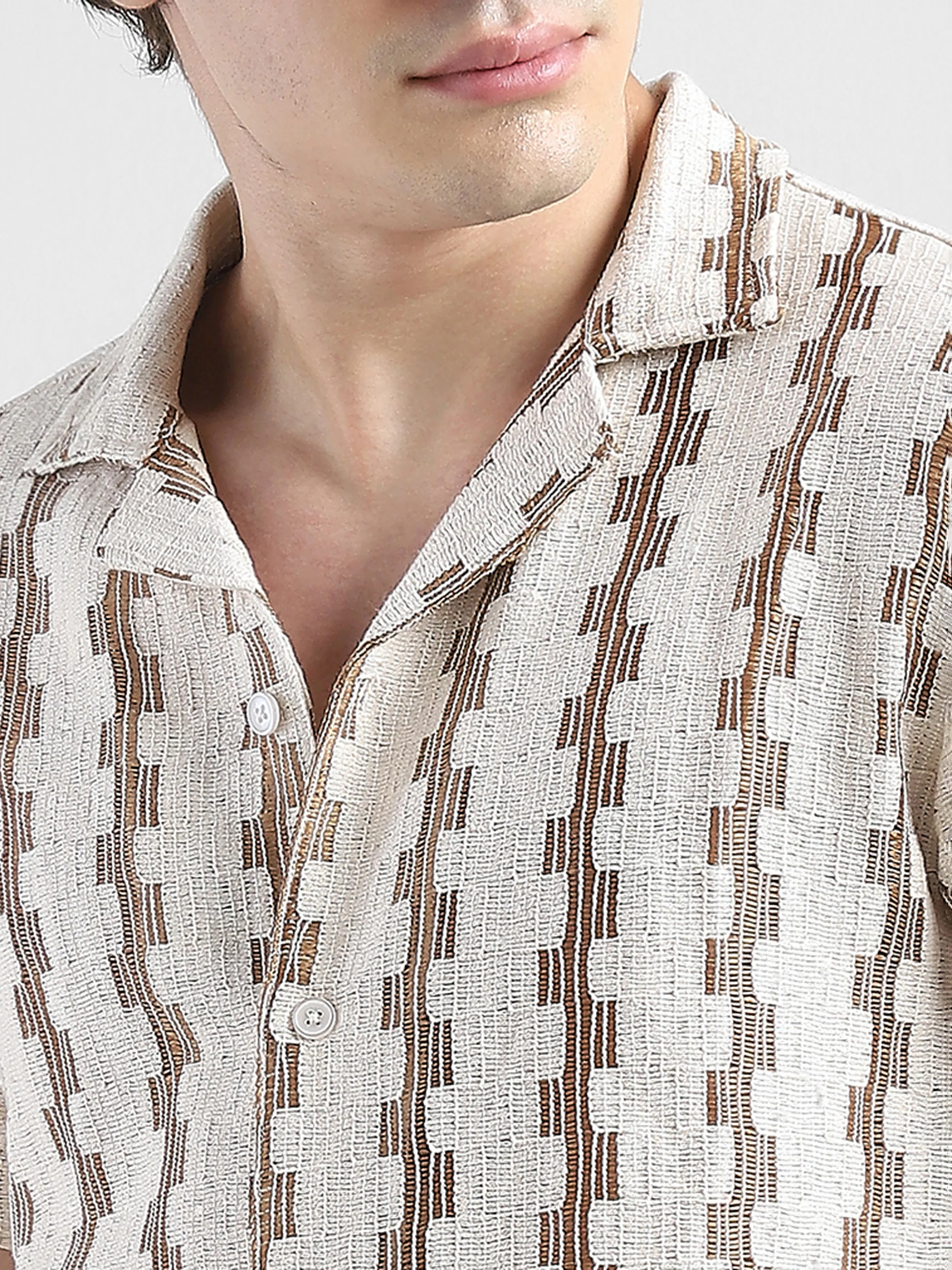 Men Lace See through Brown Casual Shirt - Image 6