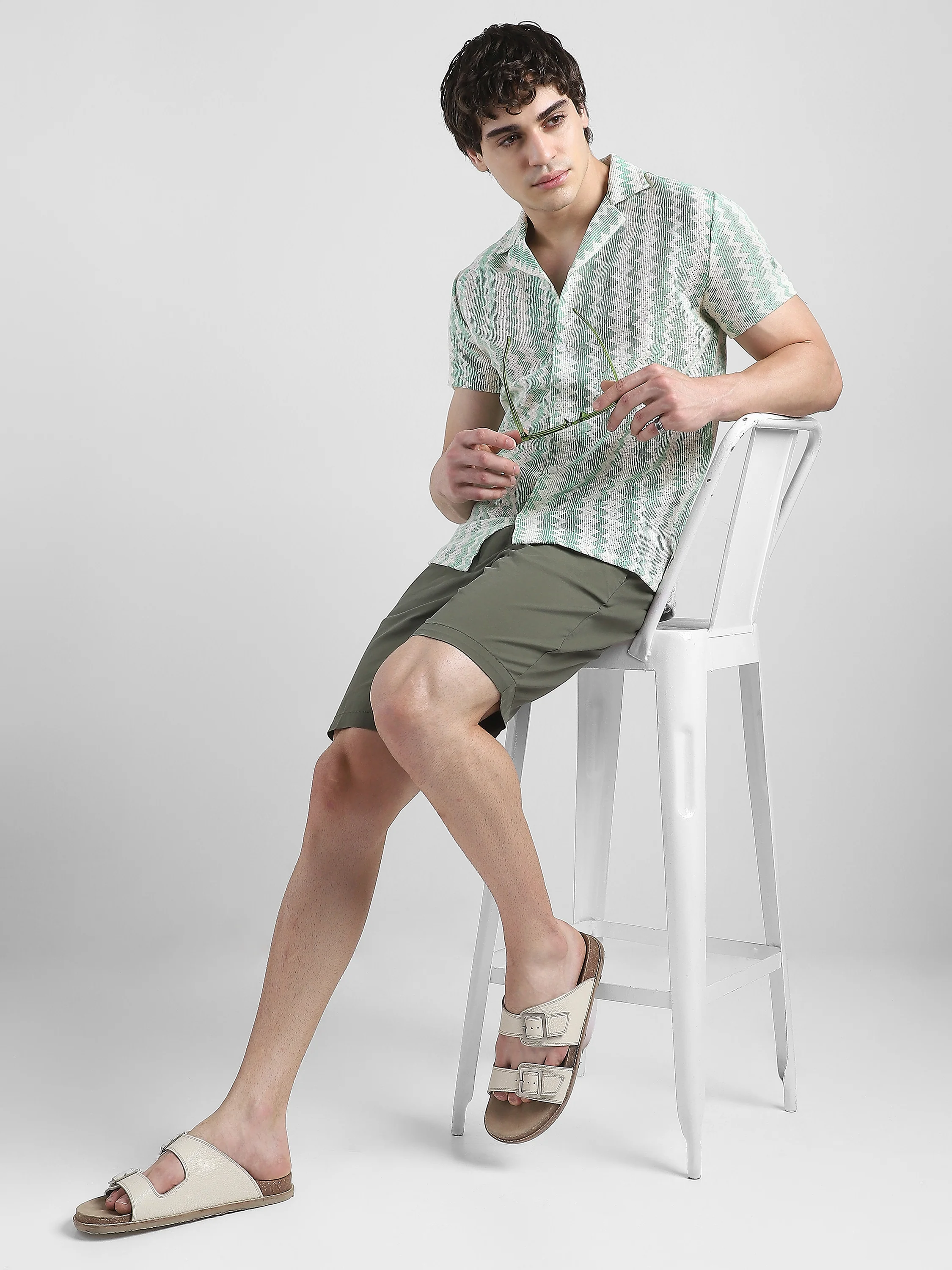 Men Lace See through Green Casual Shirt - Image 2
