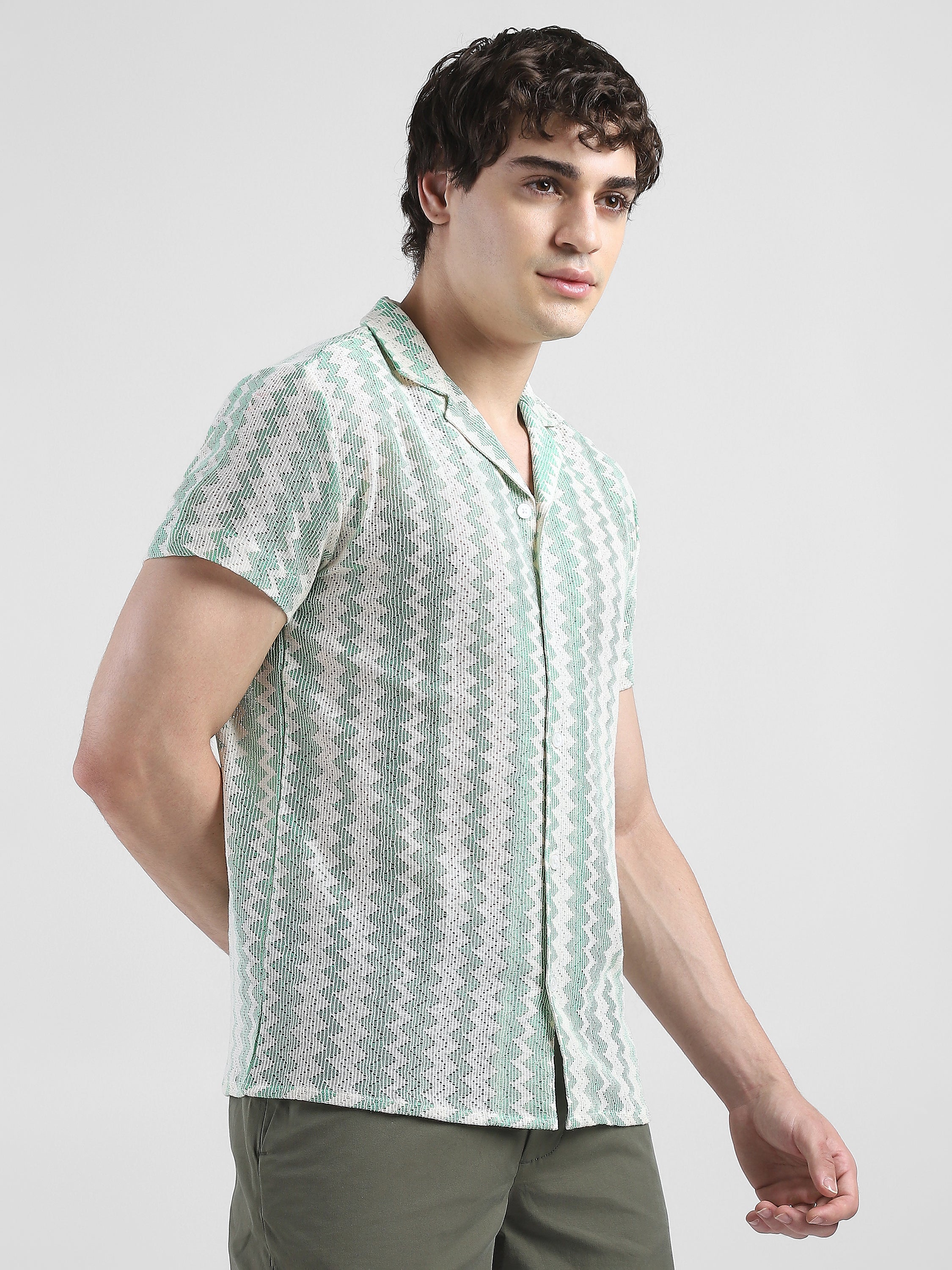 Men Lace See through Green Casual Shirt - Image 3