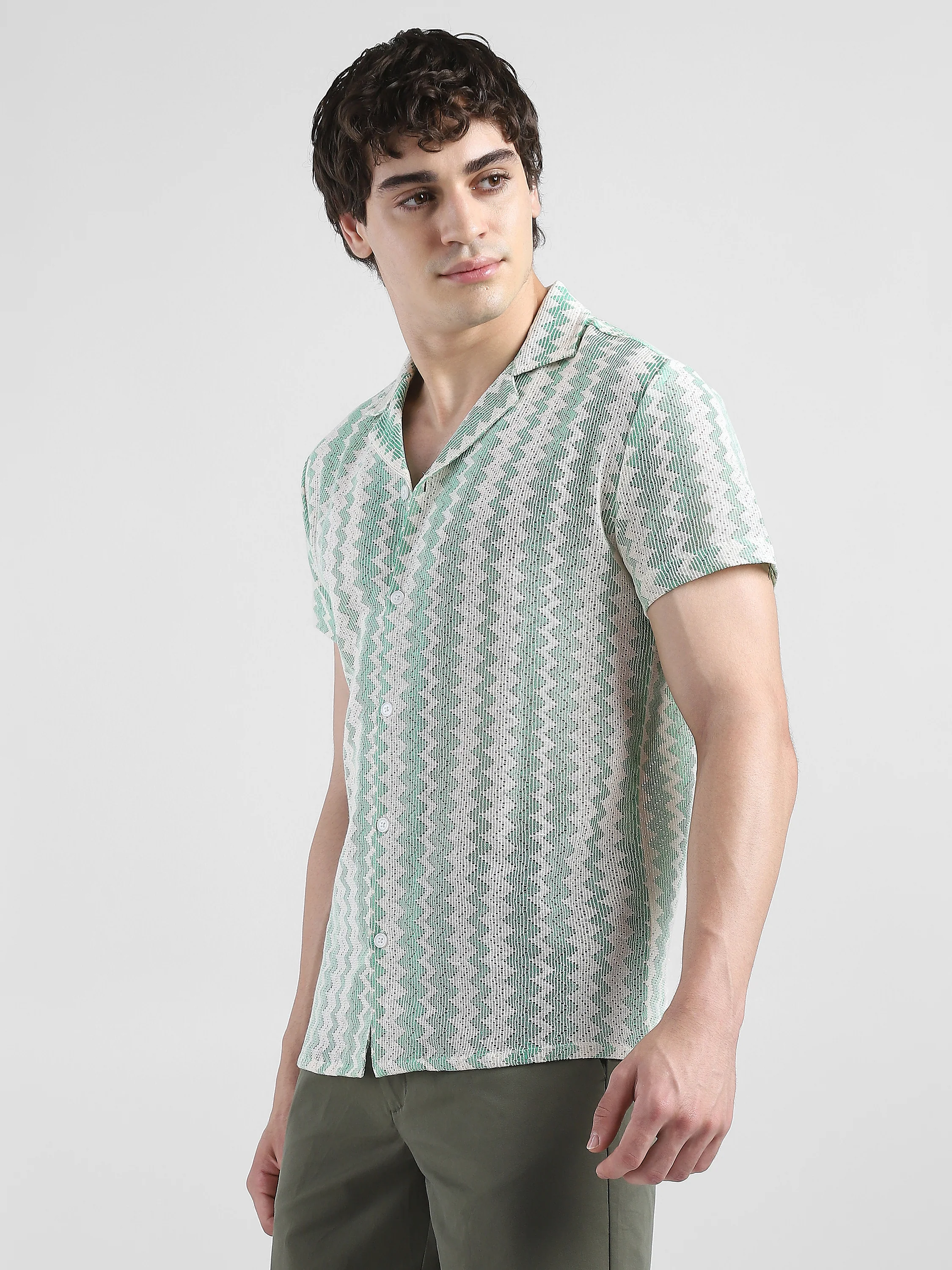 Men Lace See through Green Casual Shirt - Image 5