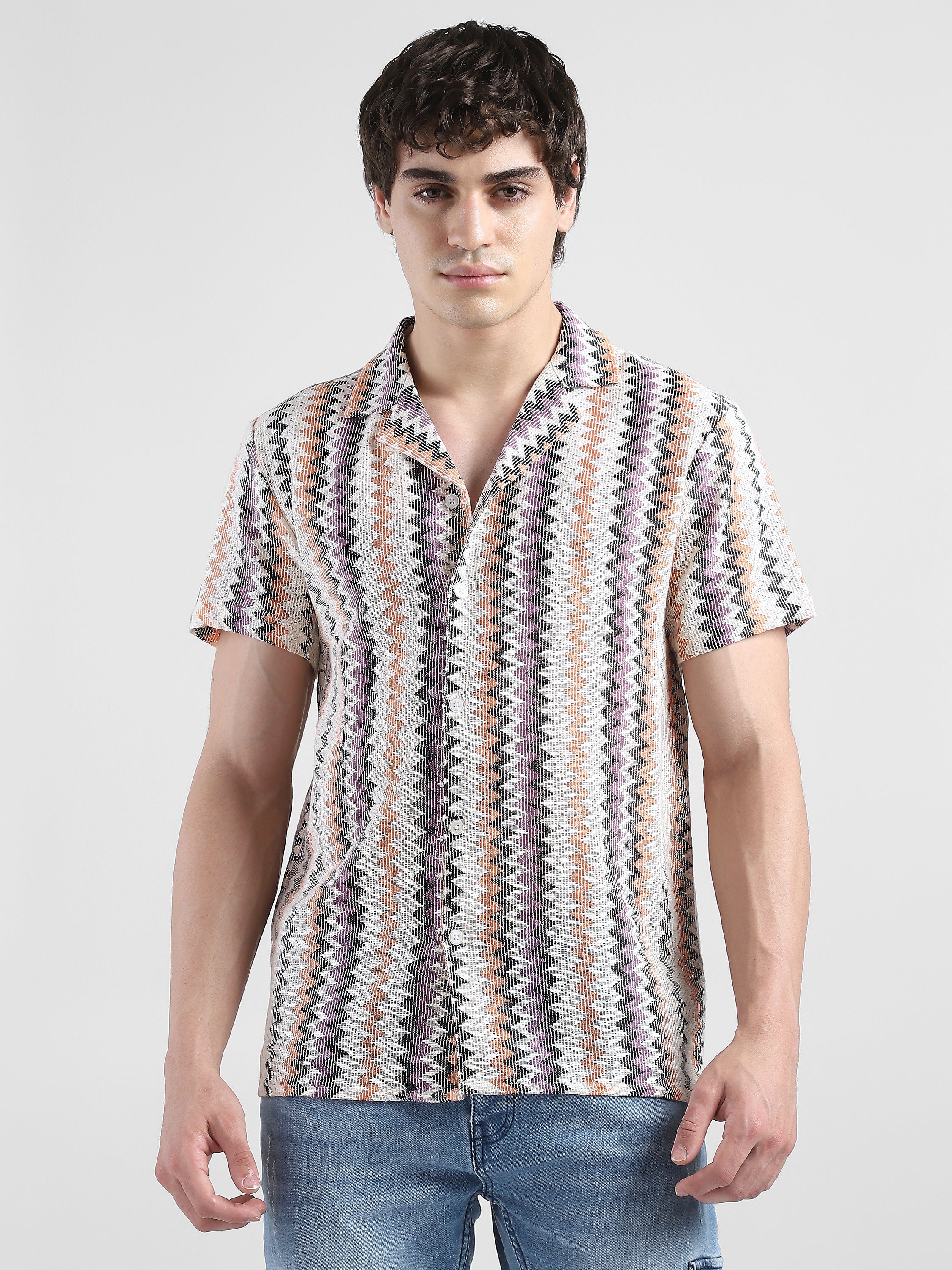 Men Lace See Through Purple Multi Casual Shirt - Image 3