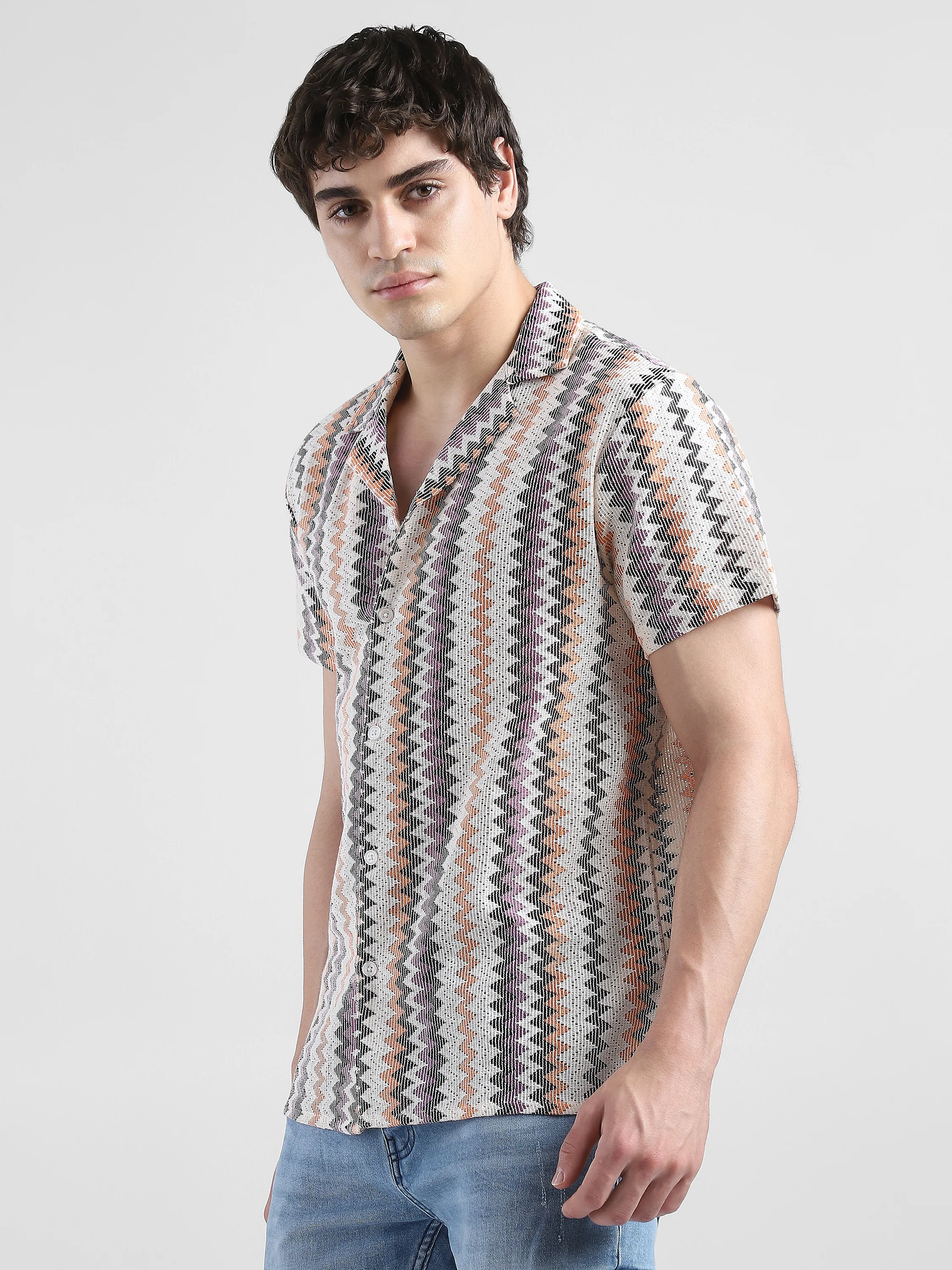 Men Lace See Through Purple Multi Casual Shirt - Image 5