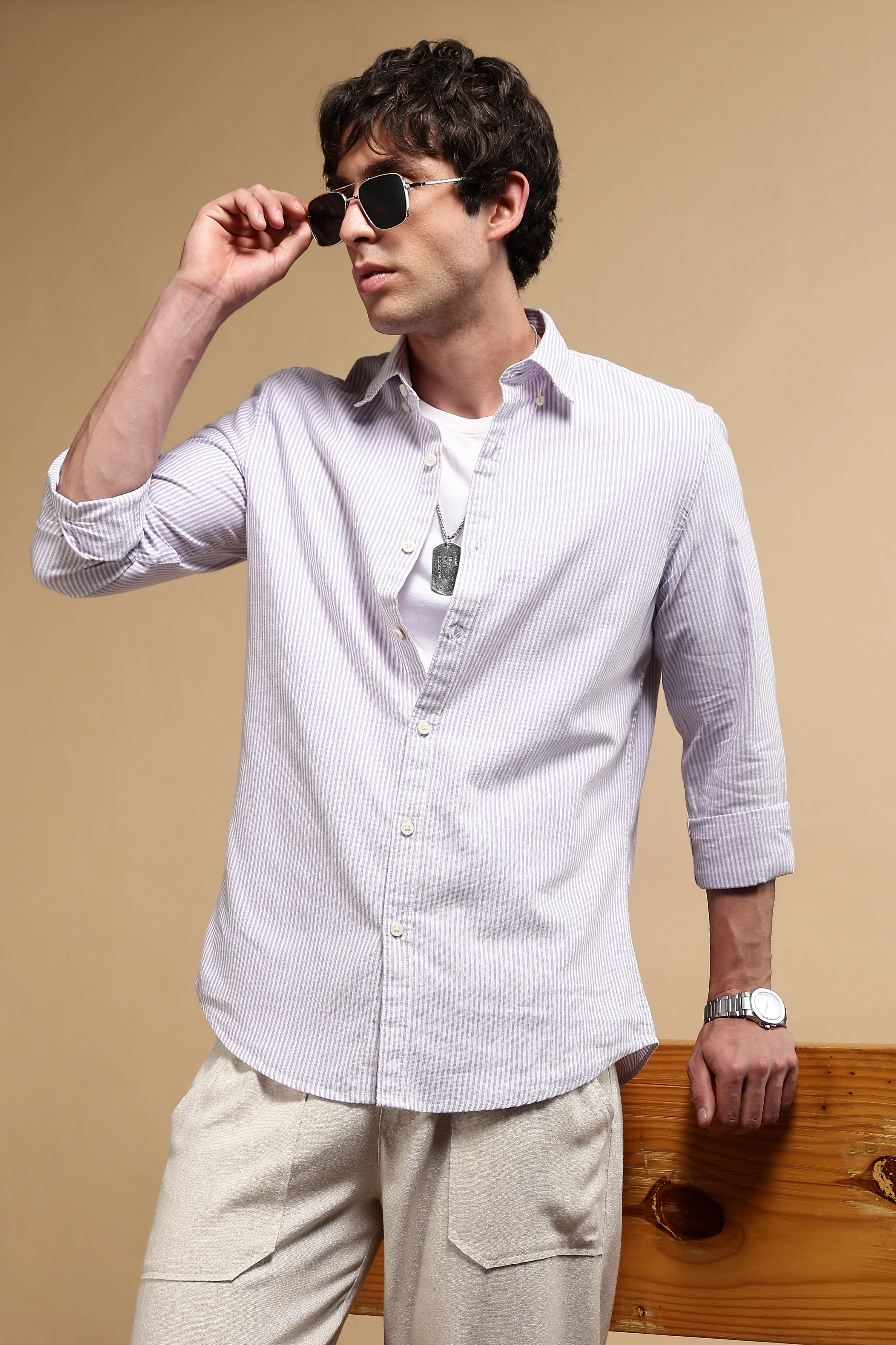 Men Lavender Cotton Oxford Slim Fit Striped Shirt - Image 10