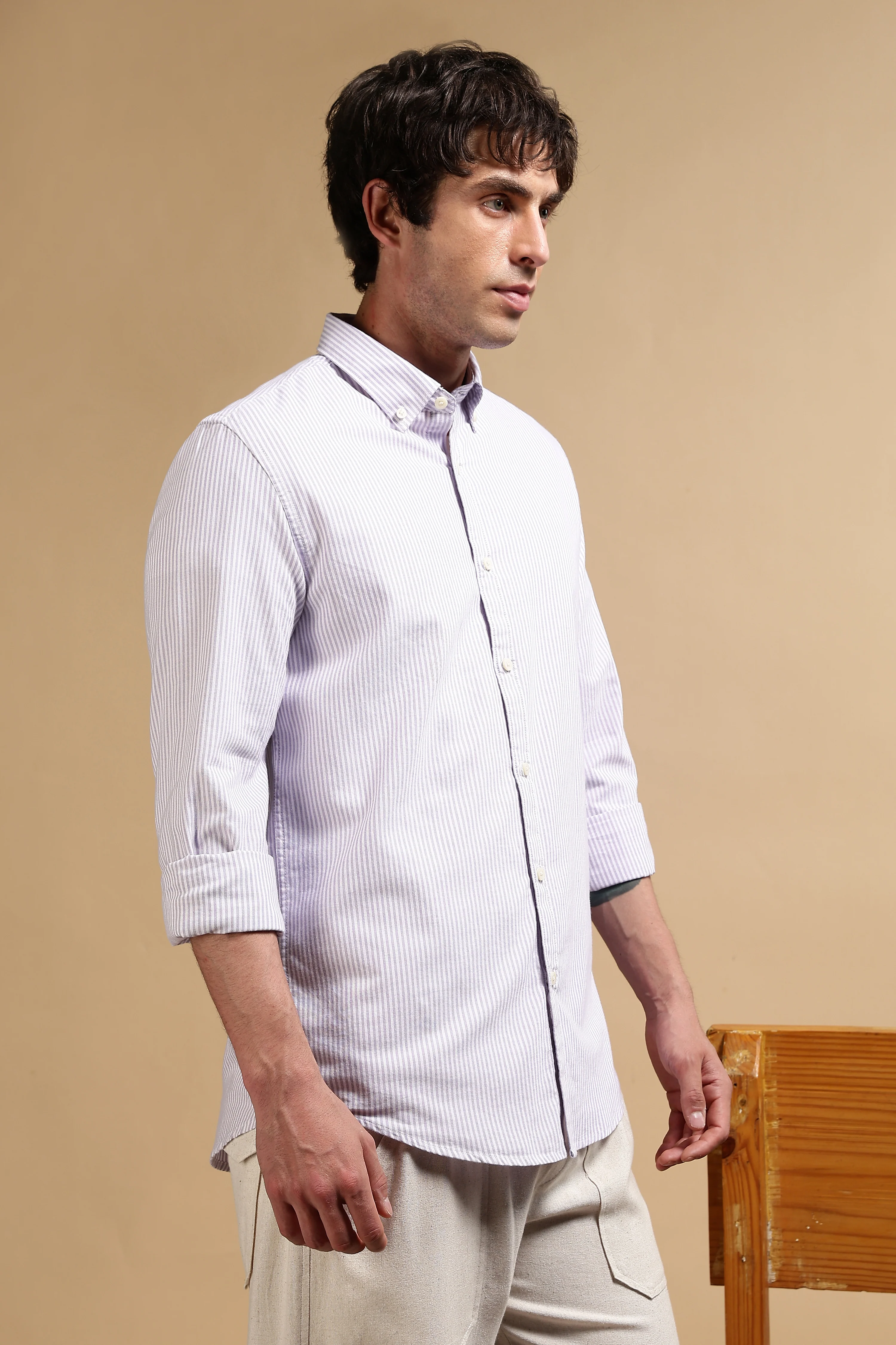 Men Lavender Cotton Oxford Slim Fit Striped Shirt - Image 3