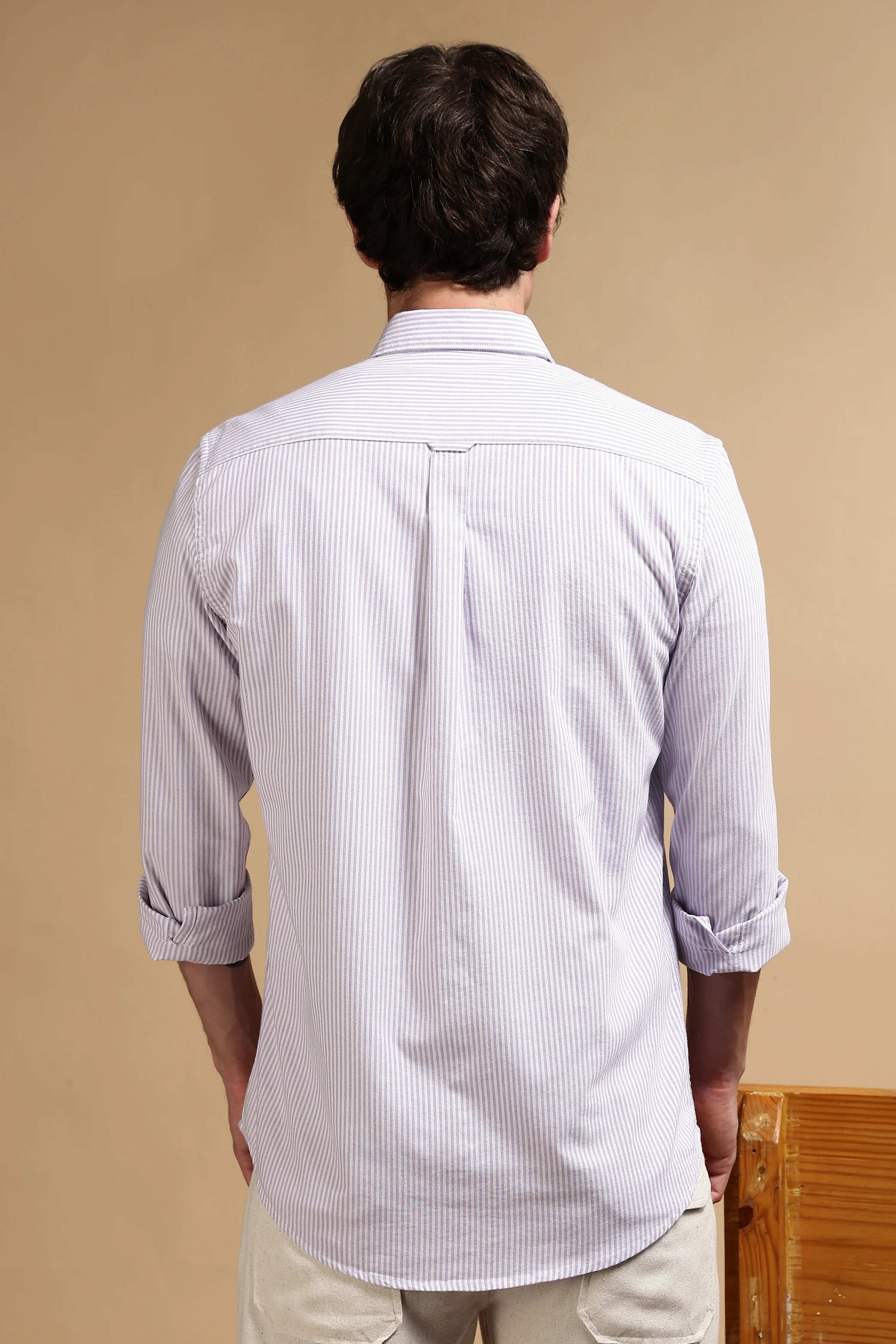 Men Lavender Cotton Oxford Slim Fit Striped Shirt - Image 4
