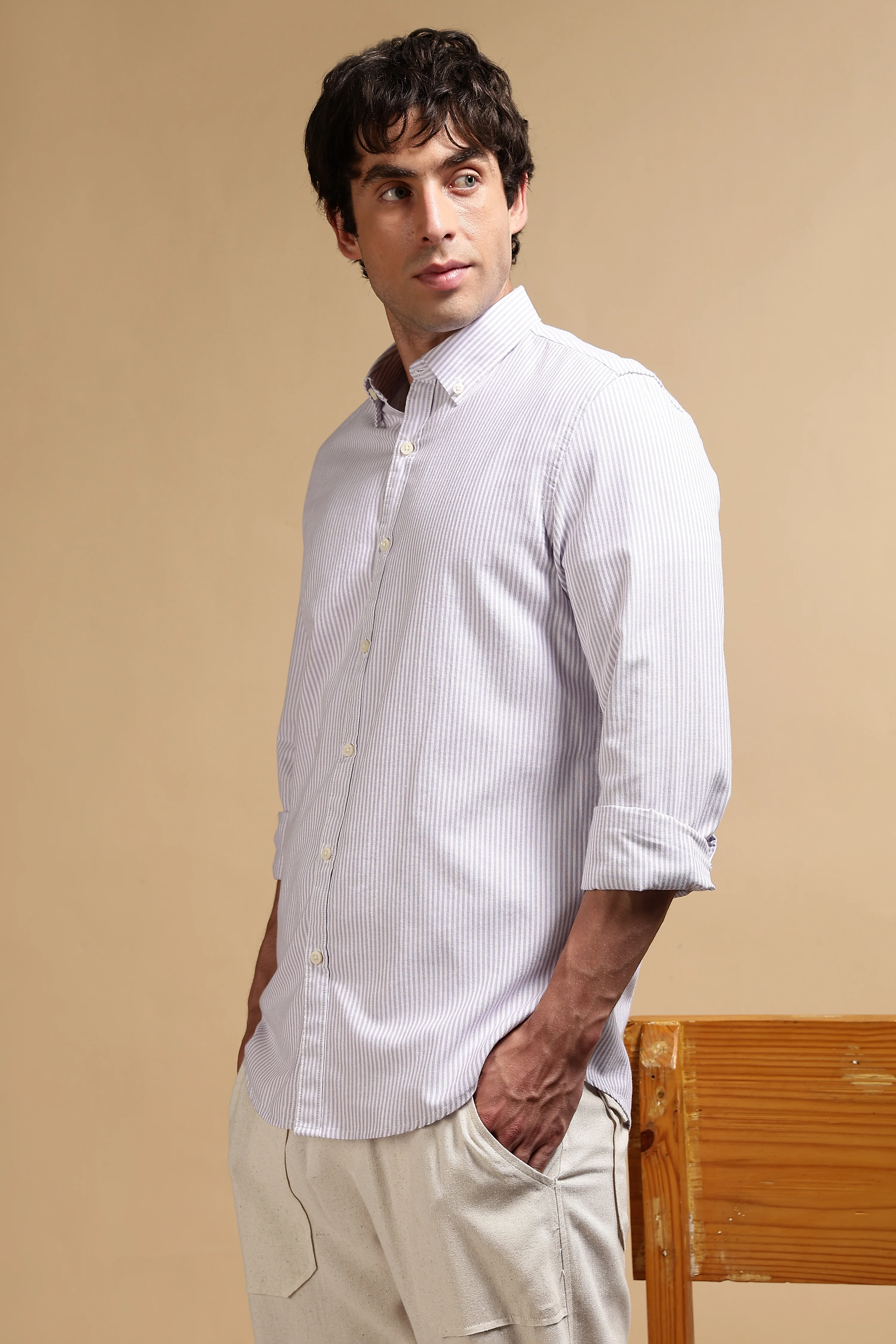 Men Lavender Cotton Oxford Slim Fit Striped Shirt - Image 5