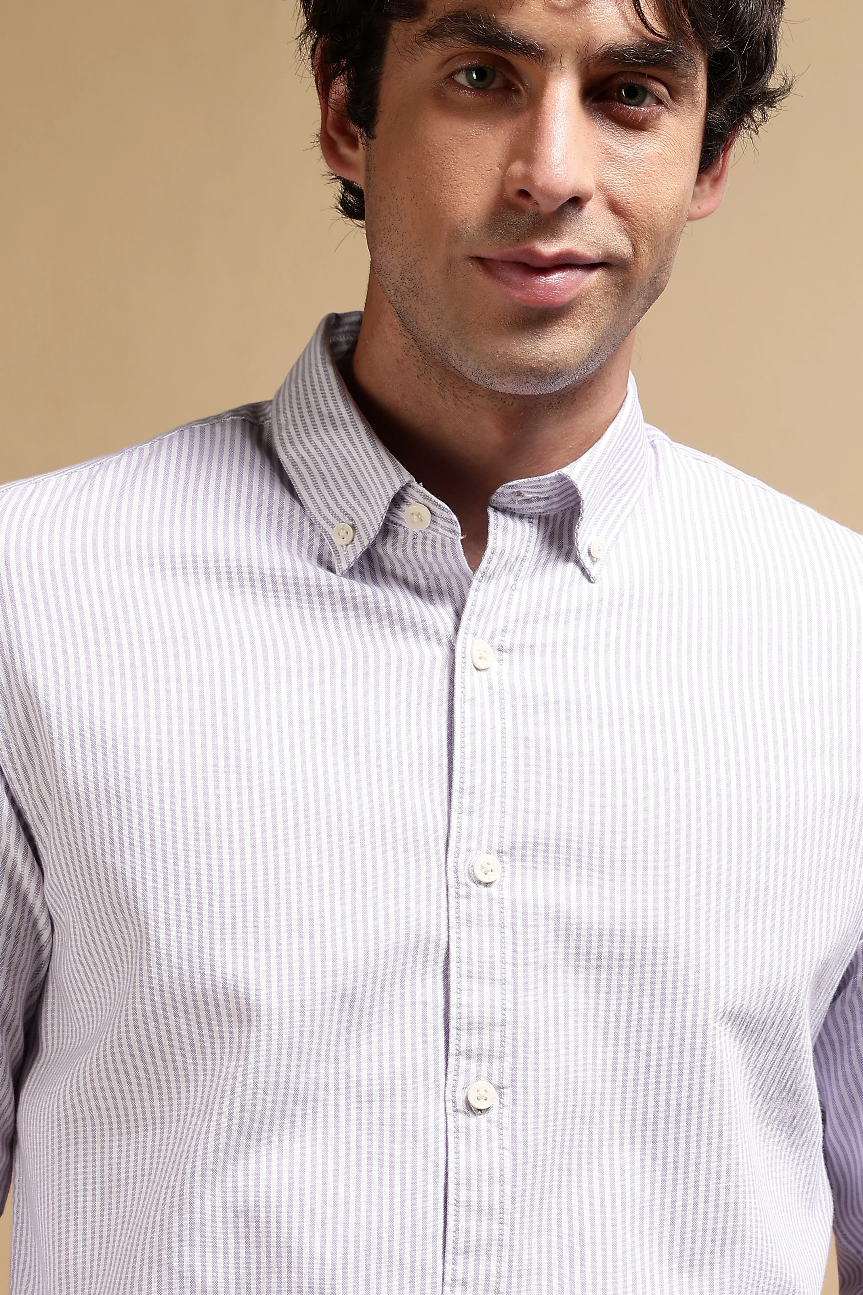 Men Lavender Cotton Oxford Slim Fit Striped Shirt - Image 6