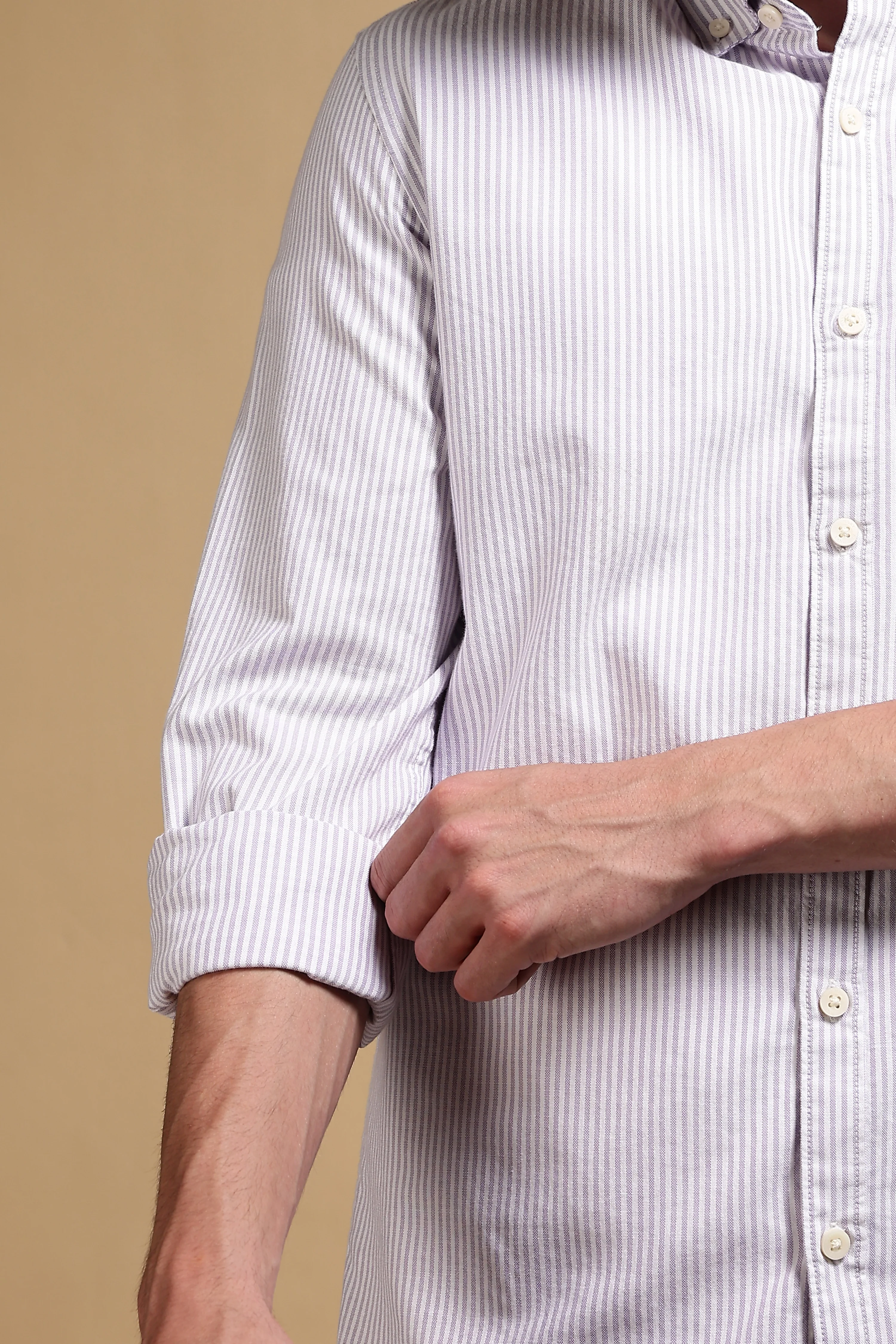 Men Lavender Cotton Oxford Slim Fit Striped Shirt - Image 7