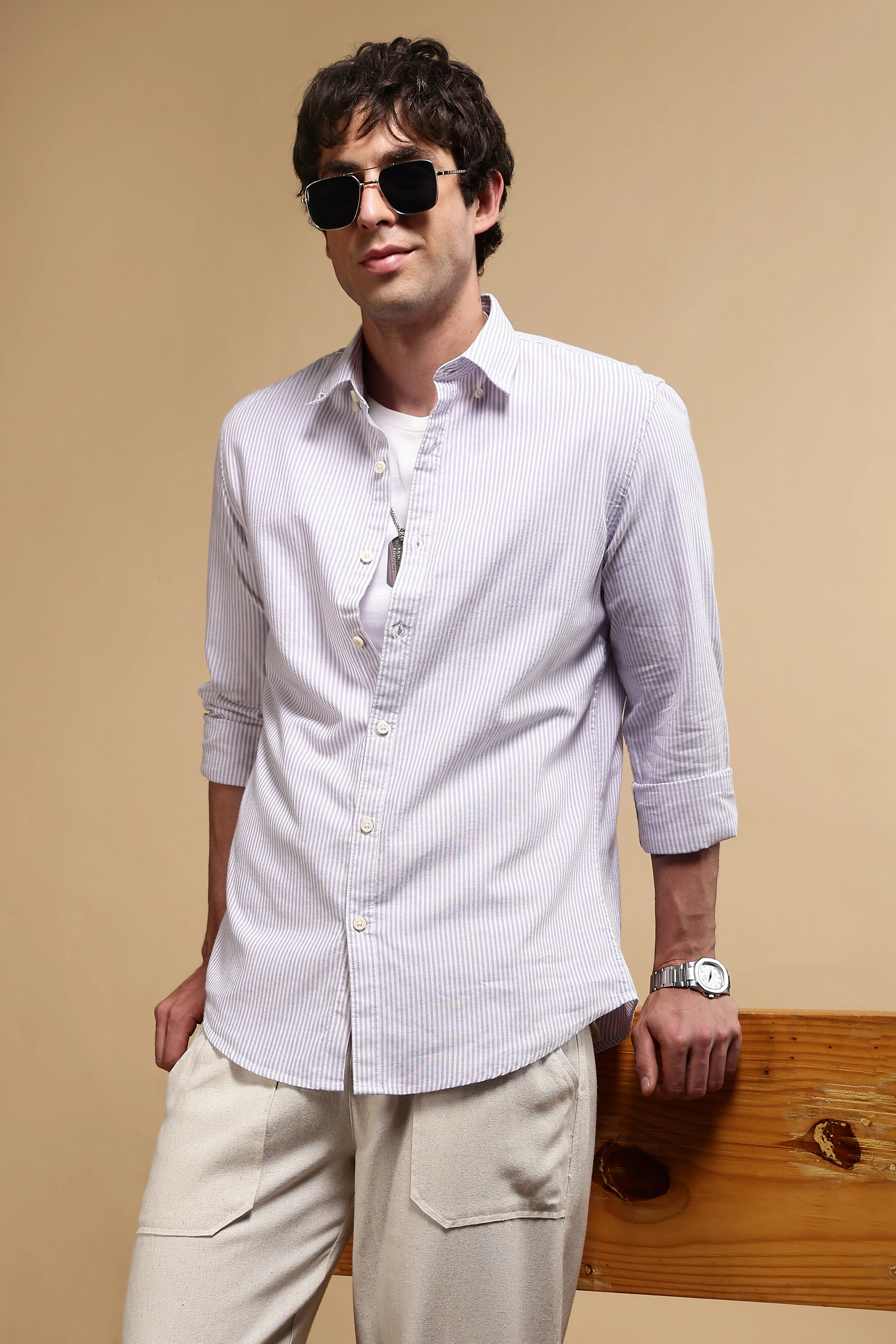 Men Lavender Cotton Oxford Slim Fit Striped Shirt - Image 9