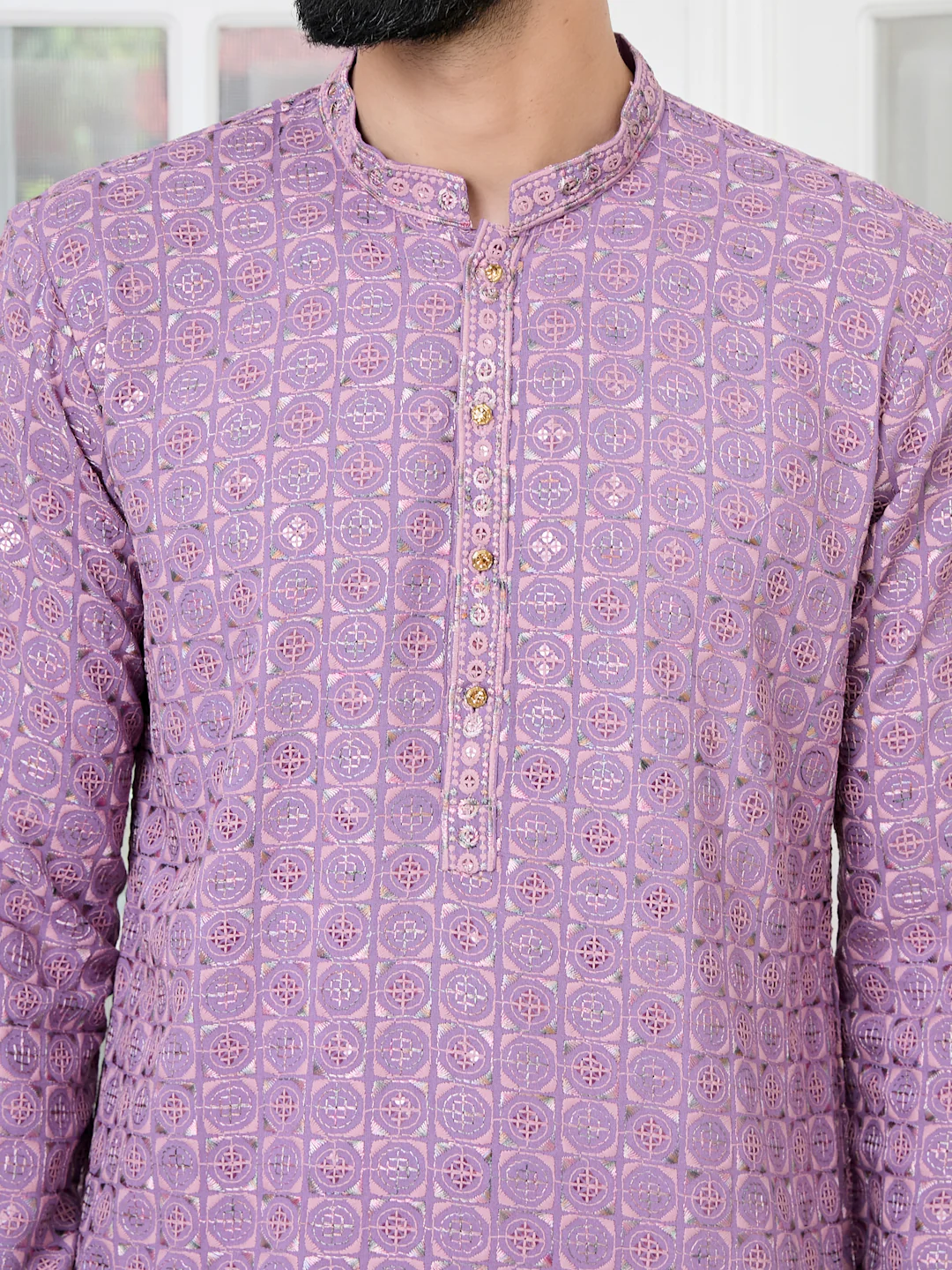 Men Lavender Embroidered Mandarin Collar Kurta - Image 2