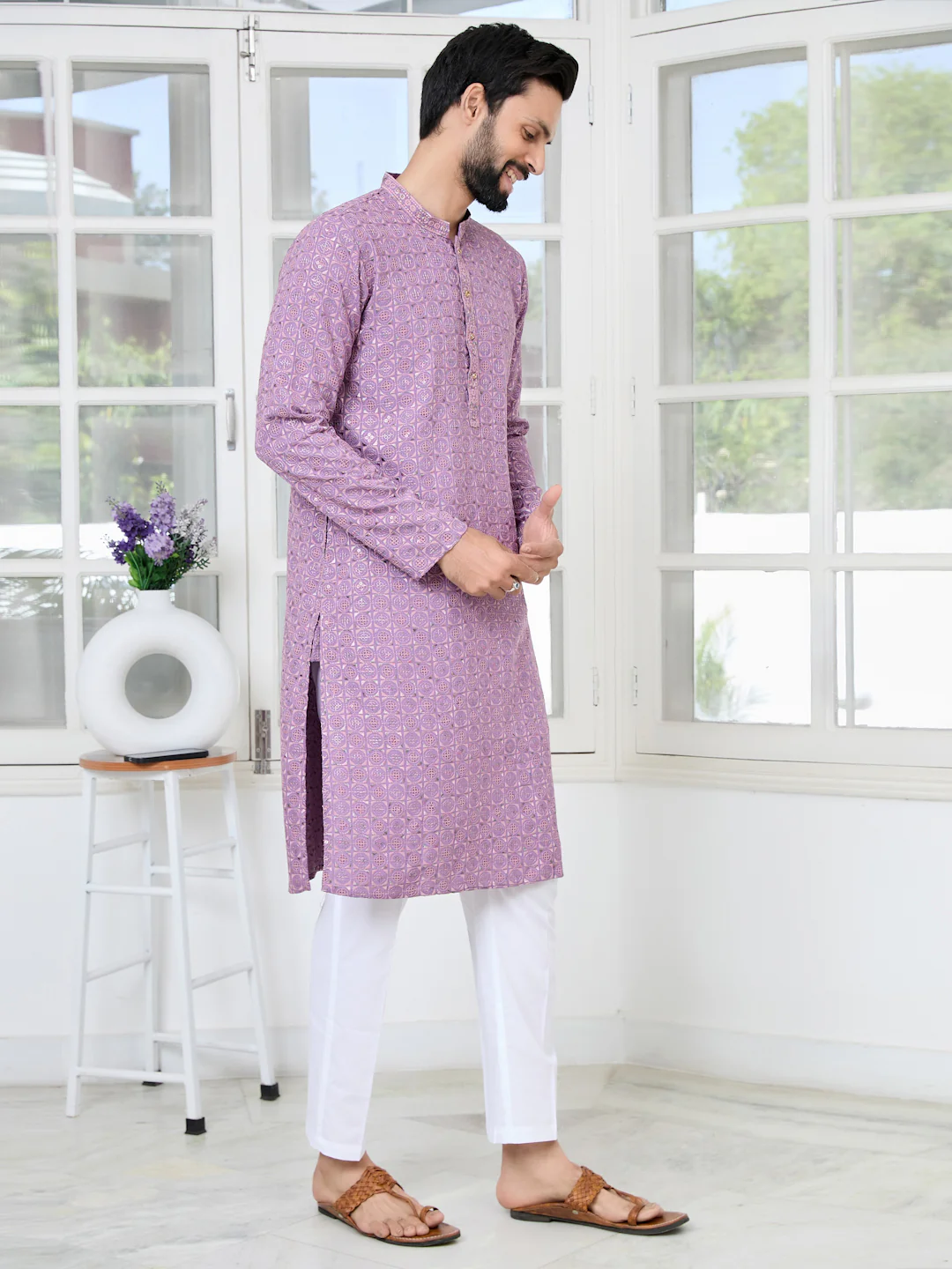 Men Lavender Embroidered Mandarin Collar Kurta - Image 3