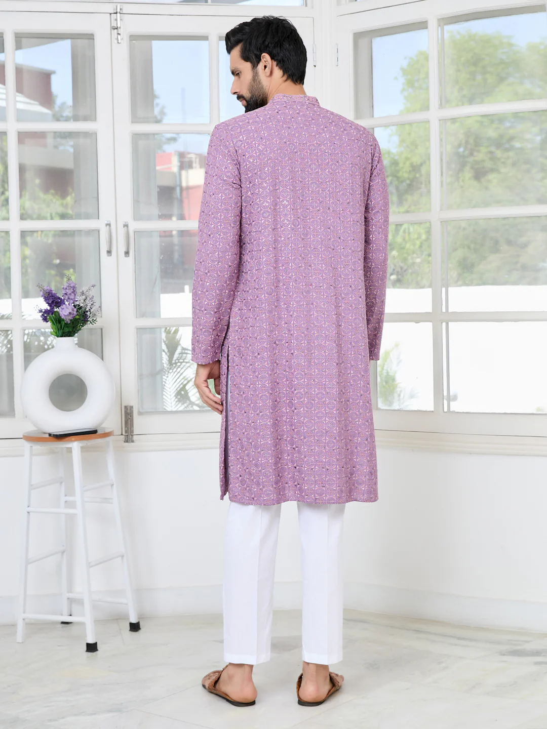 Men Lavender Embroidered Mandarin Collar Kurta - Image 4