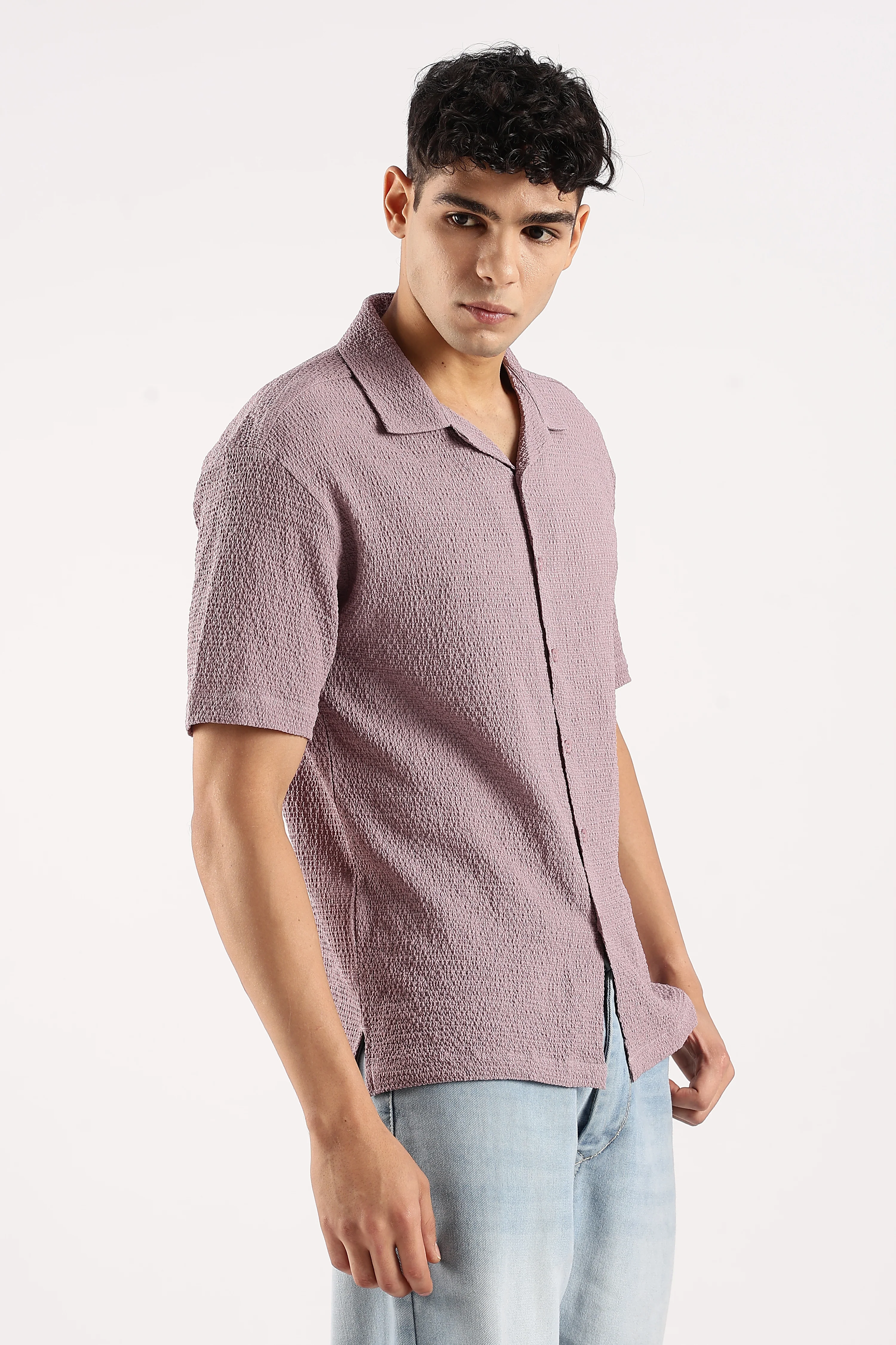Men Lavender Poly Textured Shirt - Image 2