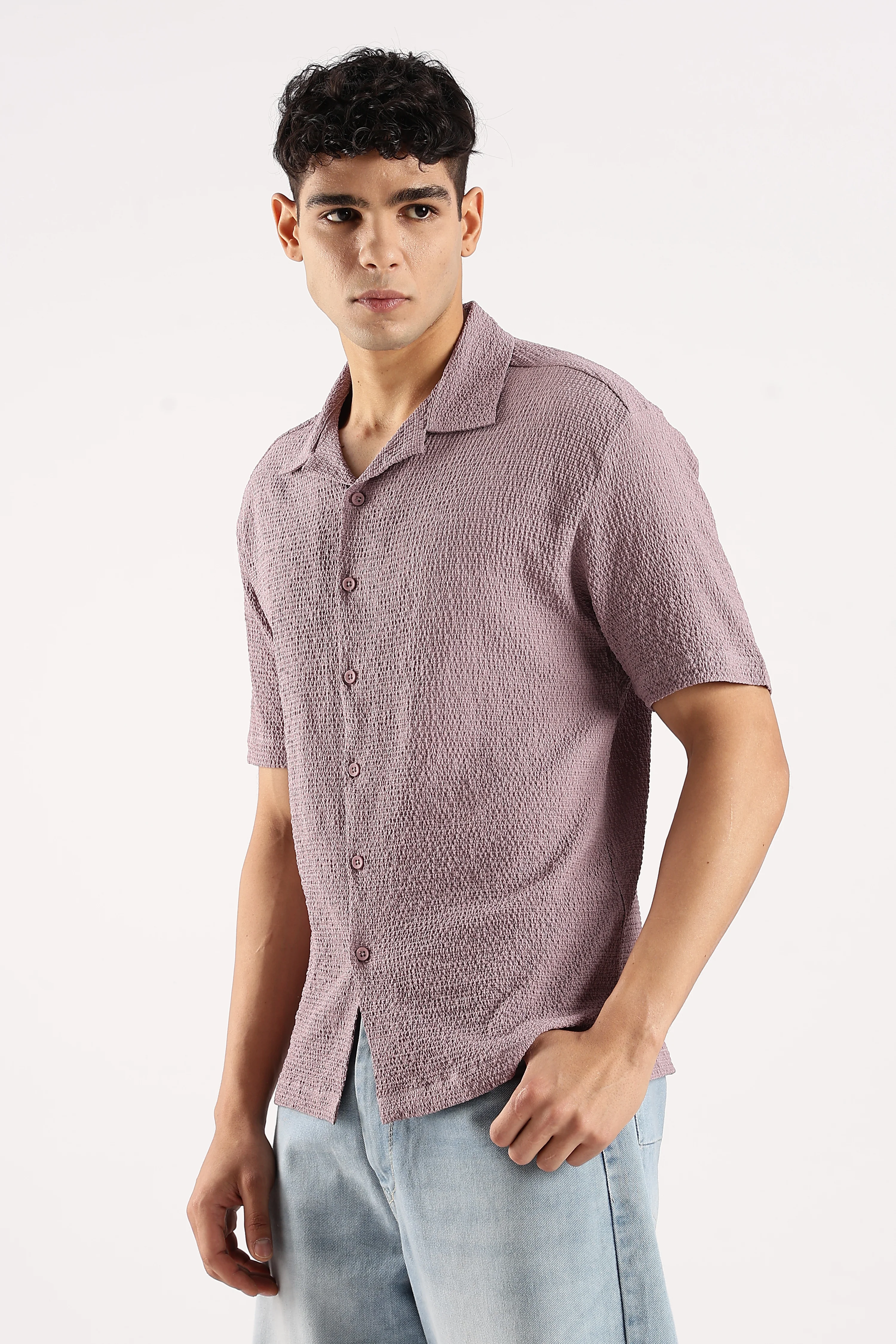 Men Lavender Poly Textured Shirt - Image 4