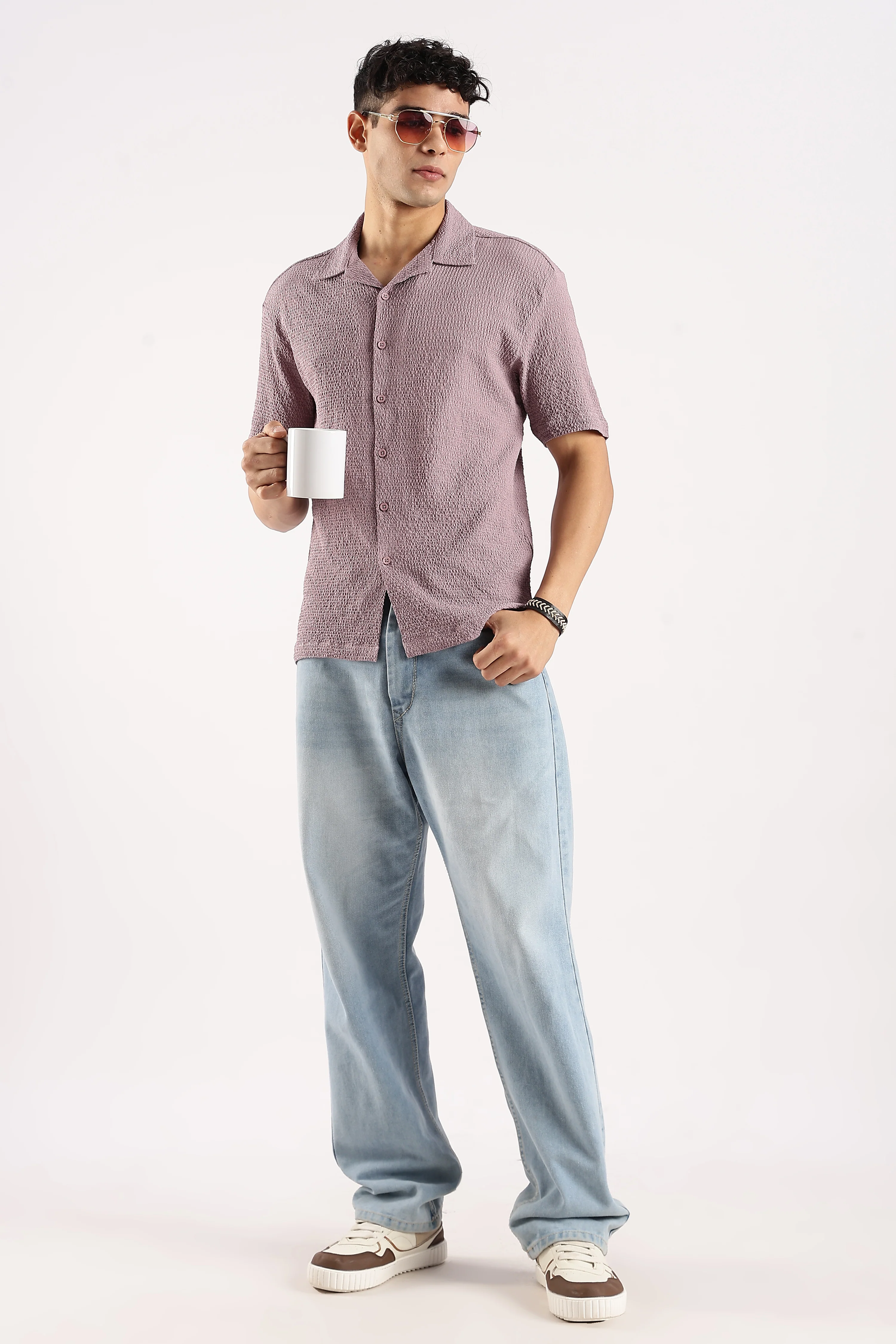 Men Lavender Poly Textured Shirt - Image 6