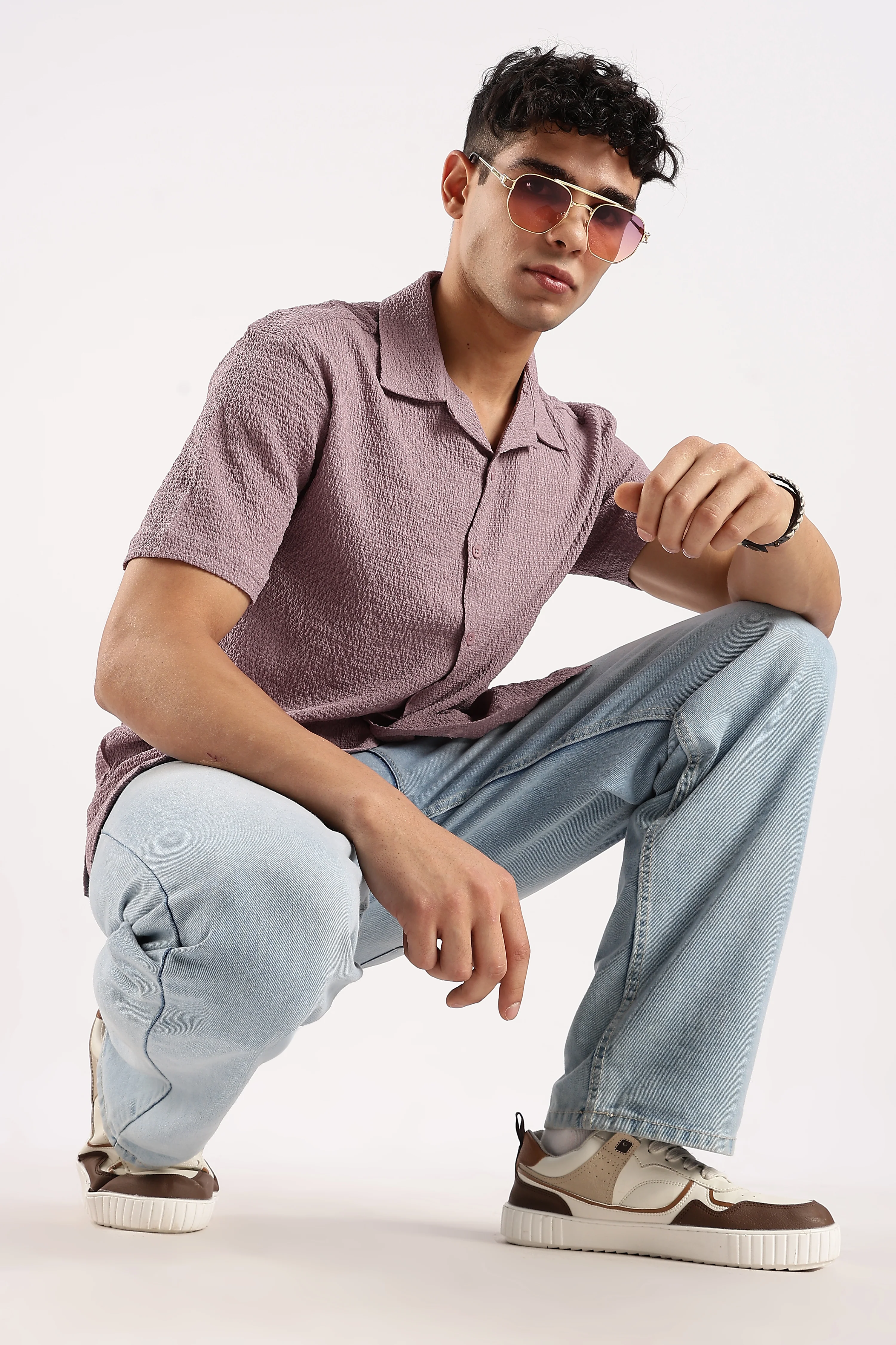 Men Lavender Poly Textured Shirt - Image 8
